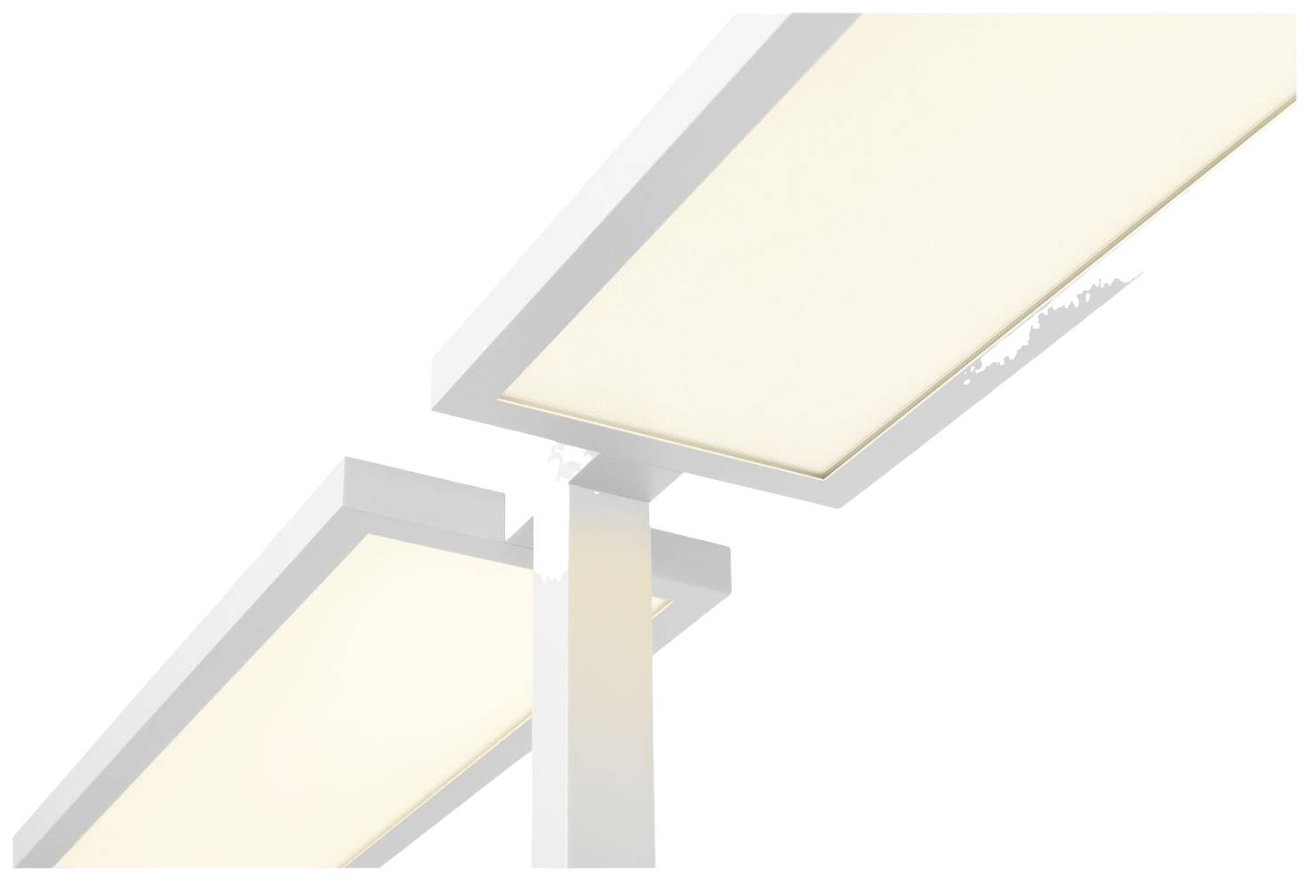 Nahaufnahme von zwei rechteckigen LED-Panel-Leuchten an einer weißen Deckenhalterung, leuchten hell auf neutralem Hintergrund.