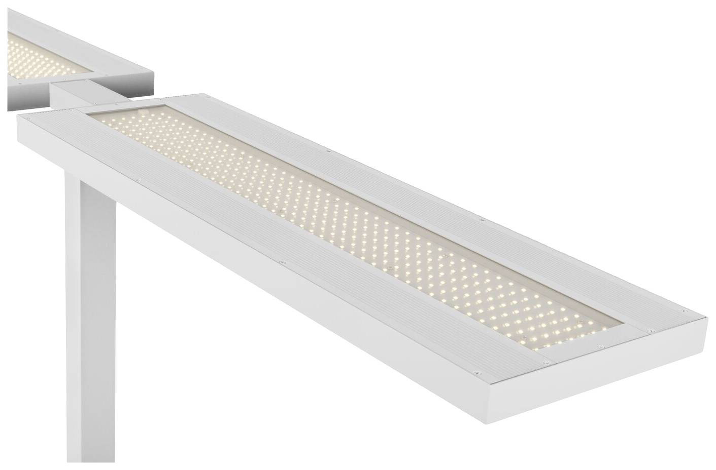 Ein modernes rechteckiges LED-Panel in Weiß, befestigt an einem schmalen Standfuß. Es leuchtet mit vielen kleinen Lichtpunkten.