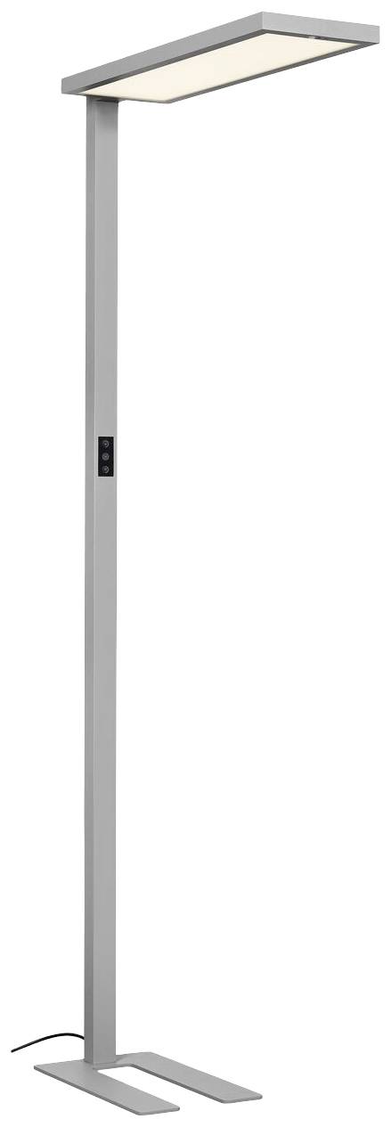 Stehlampe mit rechteckigem Leuchtkopf und schmalem, grauem Ständer. Sie hat einen schlichten, modernen Stil.