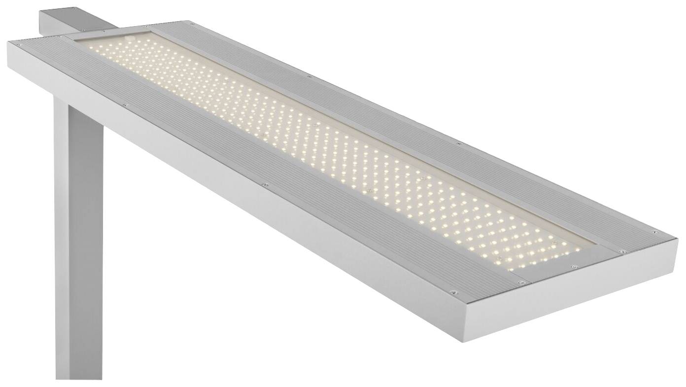 Eine moderne, rechteckige Straßenlaterne mit vielen kleinen LED-Lichtern in einem metallischen Gehäuse, die nach unten leuchtet.