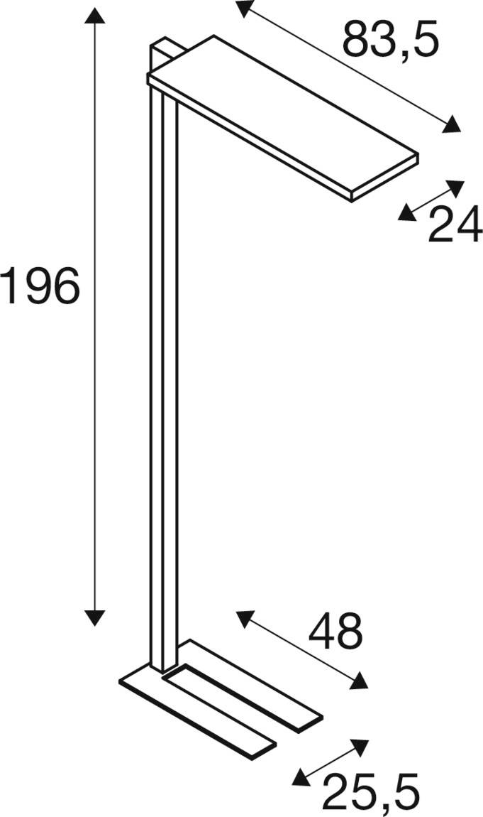 Skizze einer Stehlampe mit rechteckigem Schirm und Angaben: Höhe 196 cm, Schirmlänge 83,5 cm, Breite 48 cm, Basis 25,5 cm.