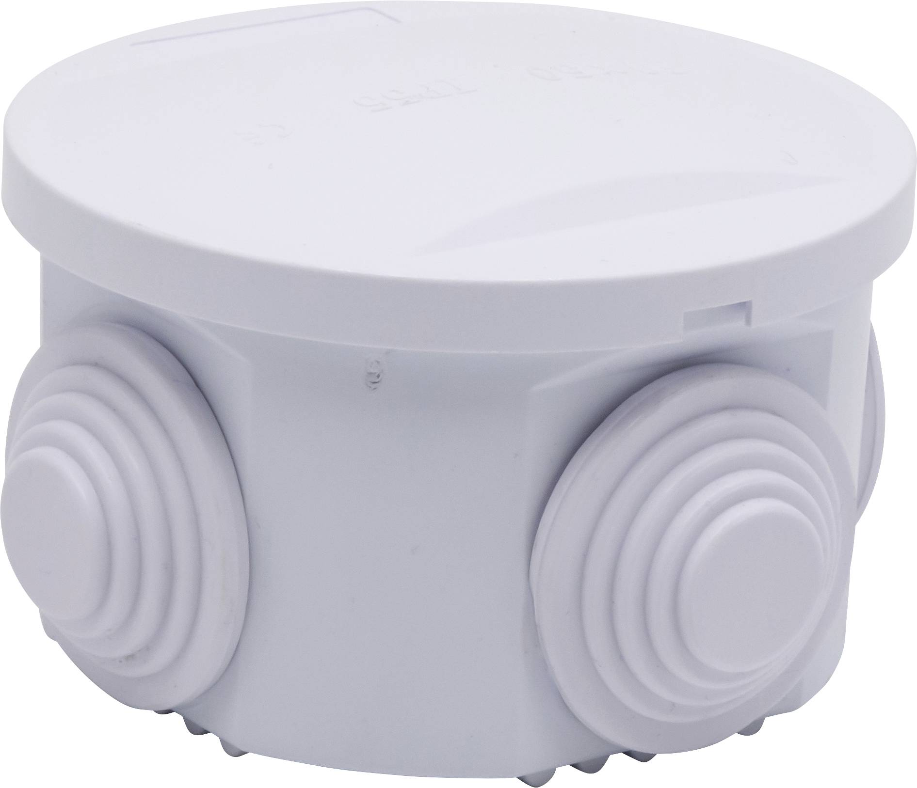 Eine weiße, runde Abzweigdose mit vier seitlichen Kabelverschraubungen für elektrische Installationen.