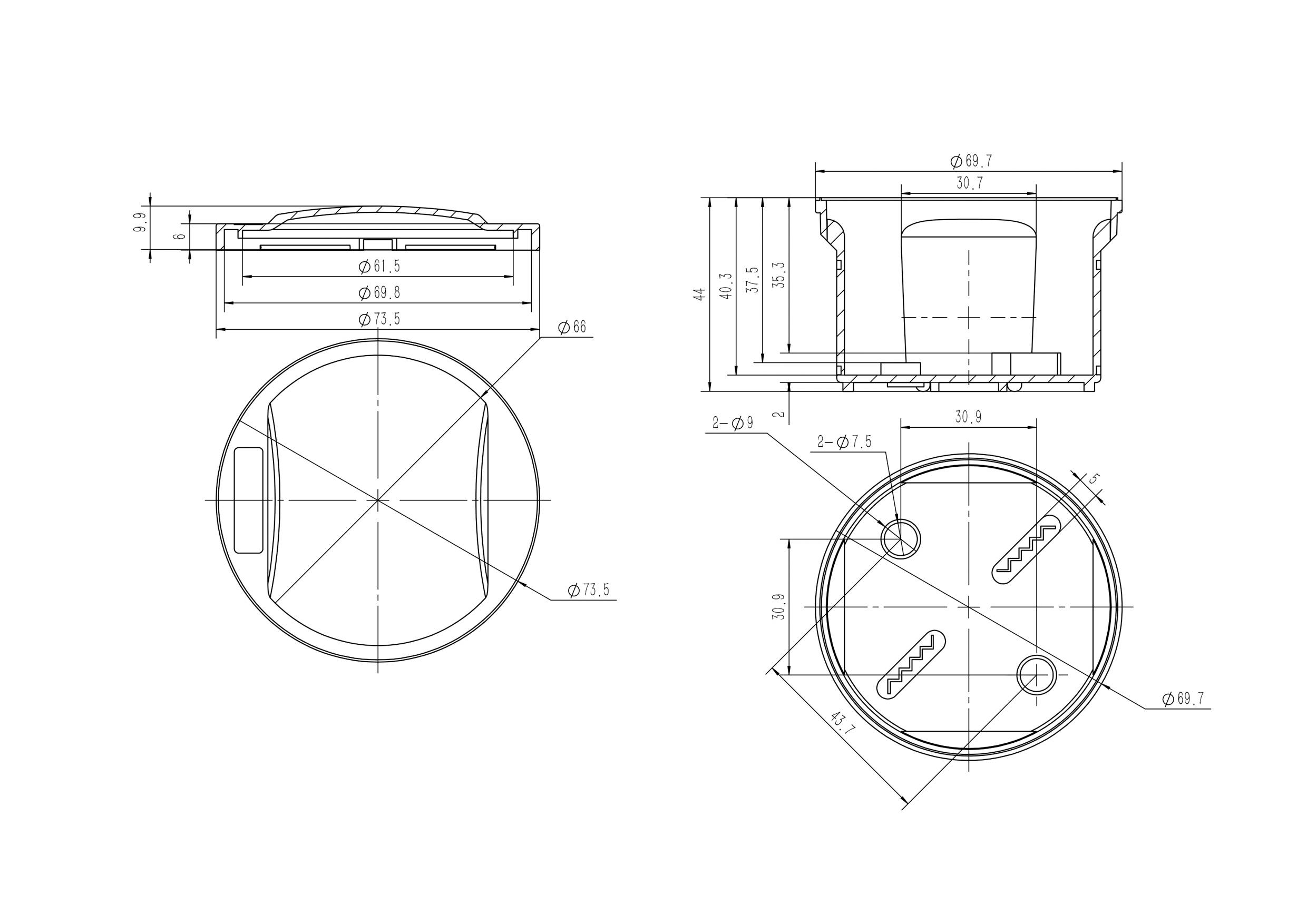 Technische Zeichnung eines zylindrischen Bauteils mit detaillierten Maßangaben. Seiten- und Draufsicht mit verschiedenen Durchmessern.