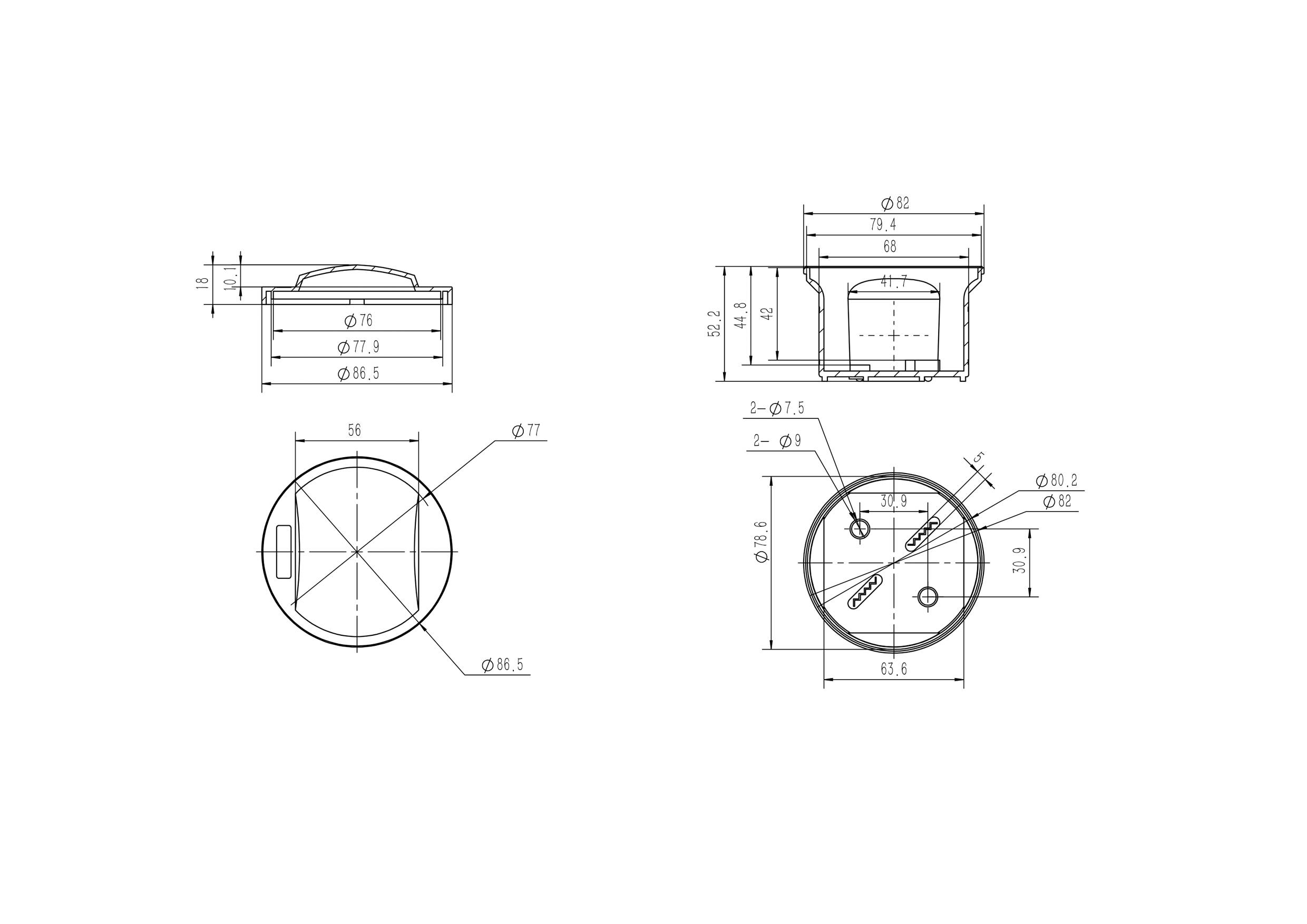 Technische Zeichnung eines runden Bauteils mit mehreren Ansichten und Maßen, darunter Durchmesser und Höhenangaben.