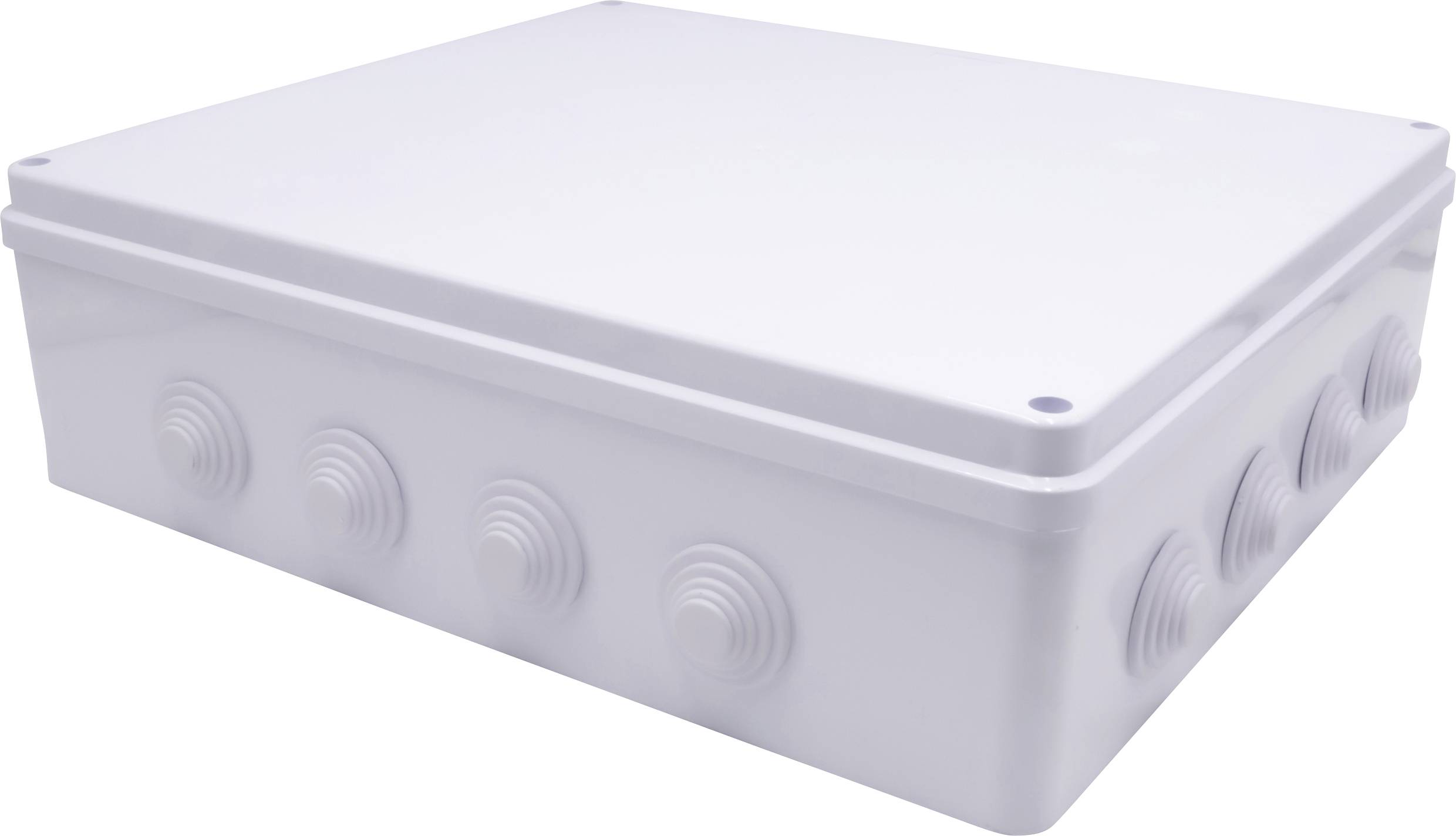 Ein rechteckiger, weißer Kunststoffkasten mit mehreren ringförmigen Vertiefungen an den Seiten.