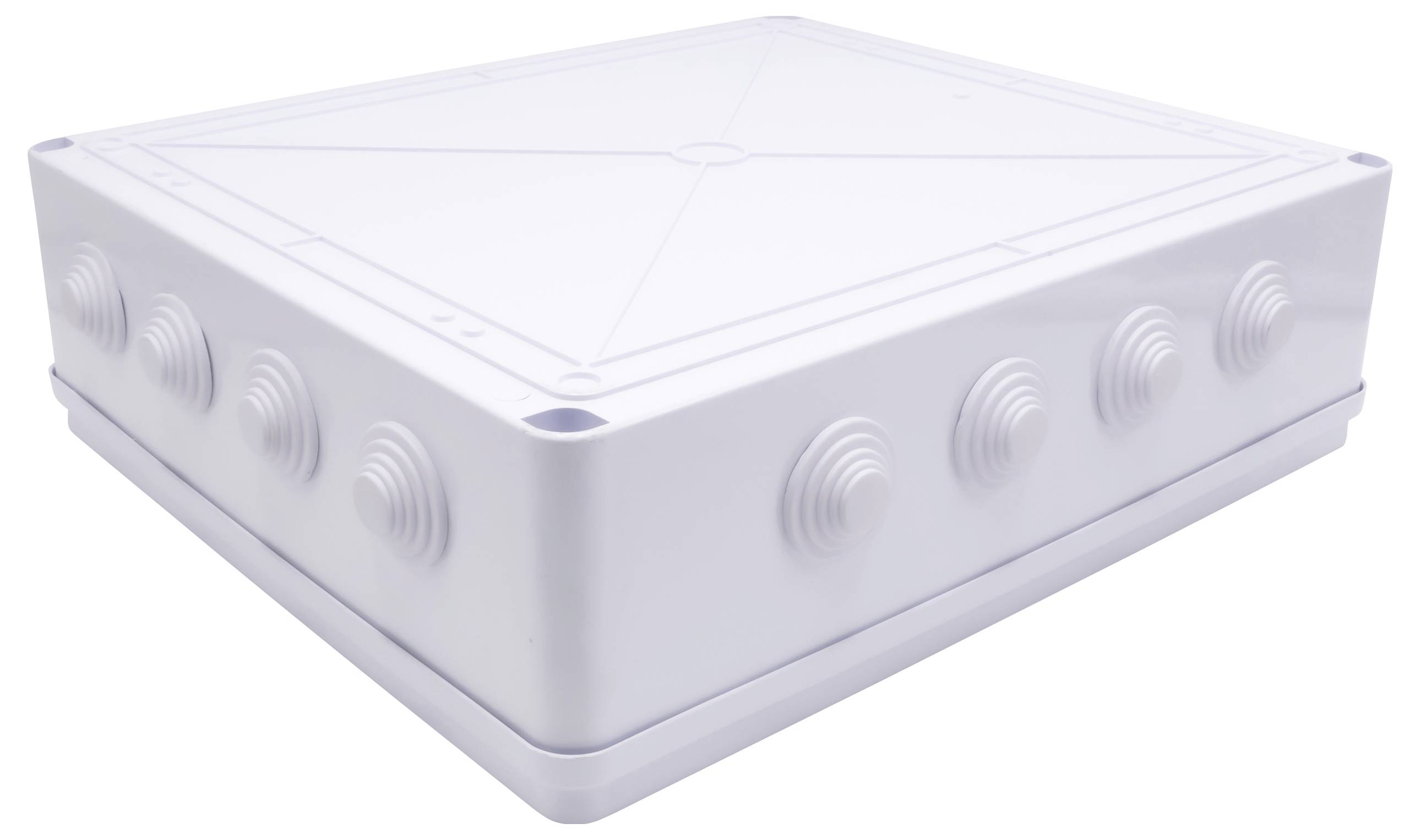 Weiße, quadratische Kunststoffbox mit abgerundeten Ecken und mehreren runden Ausbrüchen an den Seiten, möglicherweise ein Verteilerkasten.