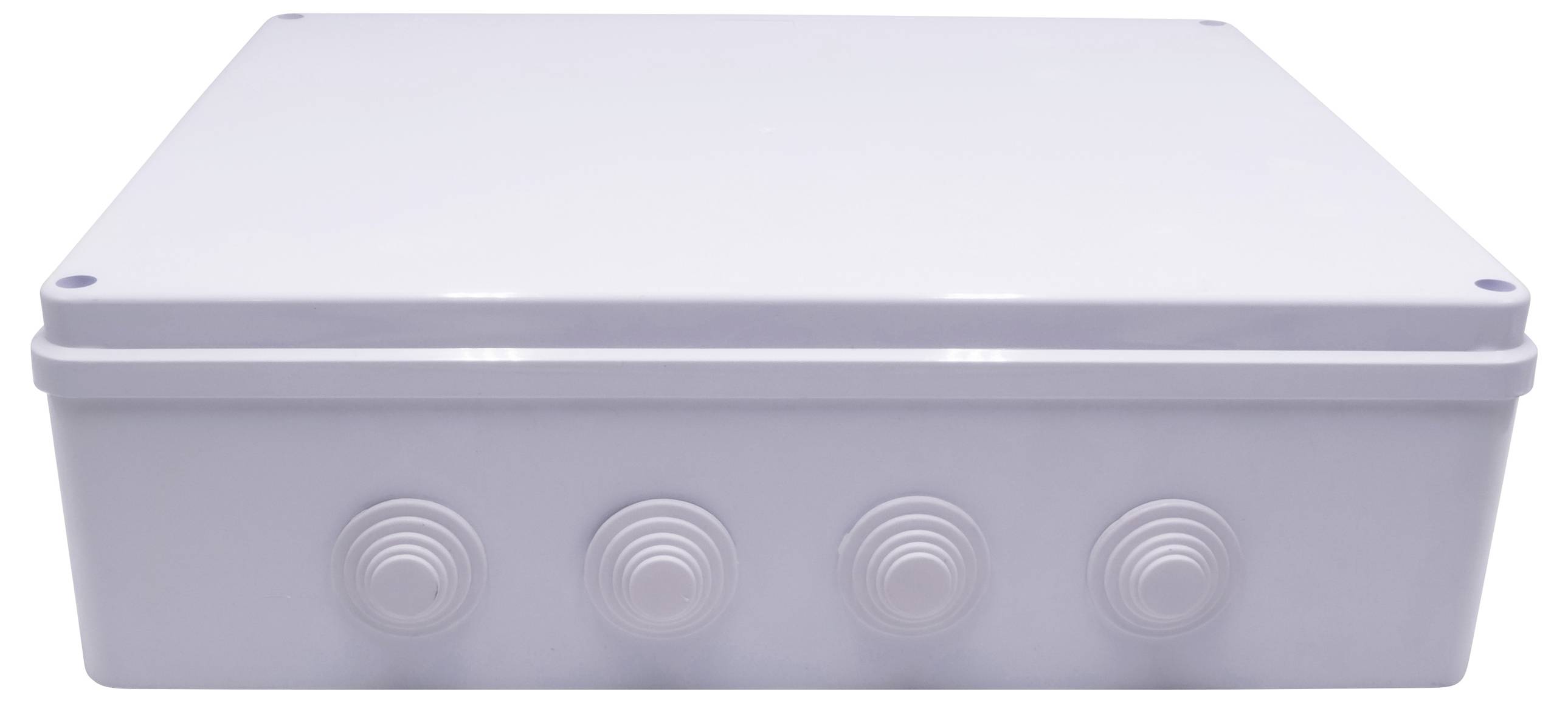 Ein weißer, quadratischer Elektrokasten mit mehreren runden Anschlüssen an der Vorderseite, geeignet für Kabelverbindungen.