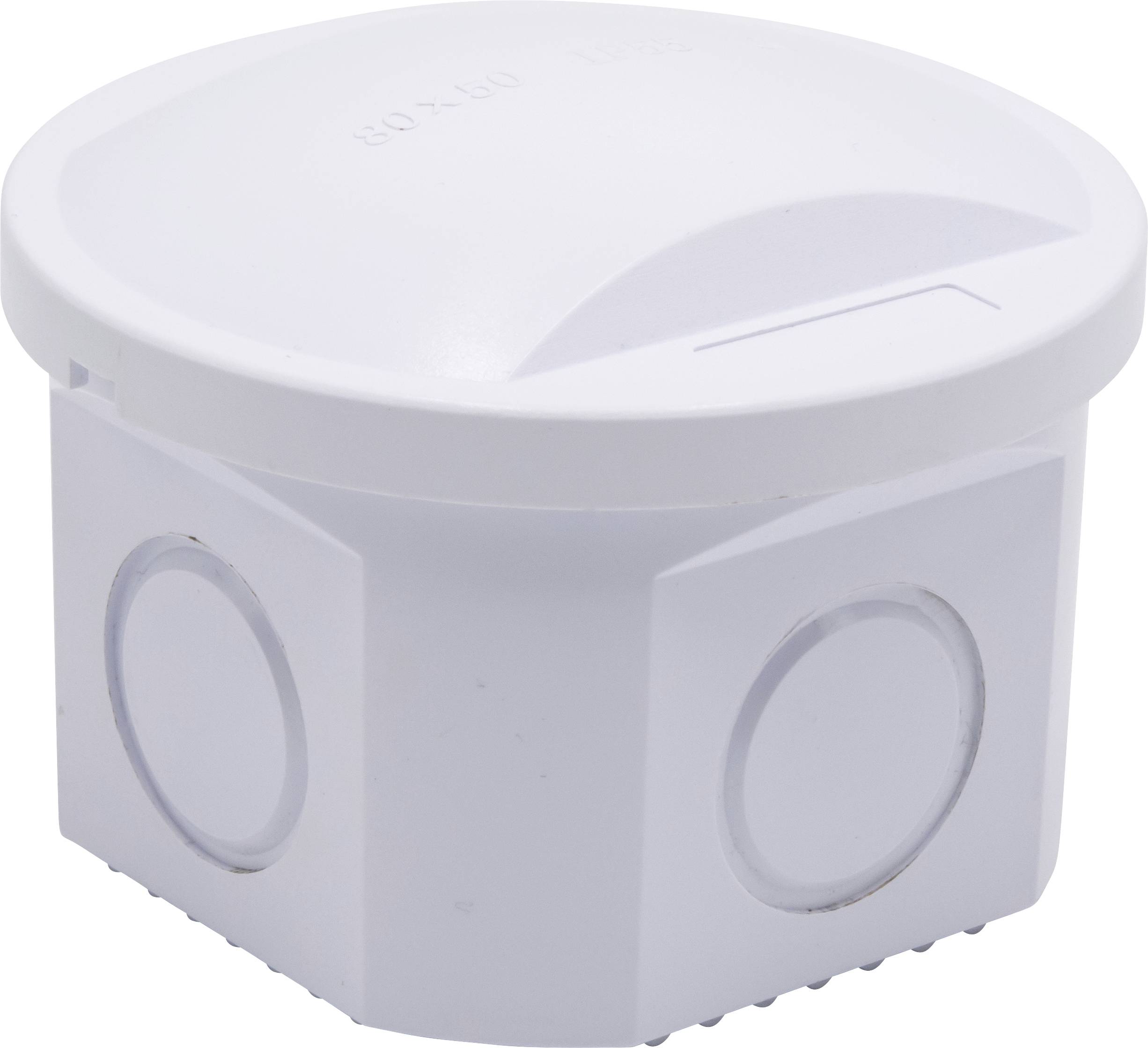 Weiße, runde Kunststoffdose mit abnehmbarem Deckel und kreisförmigen Einsparungen an den Seiten.