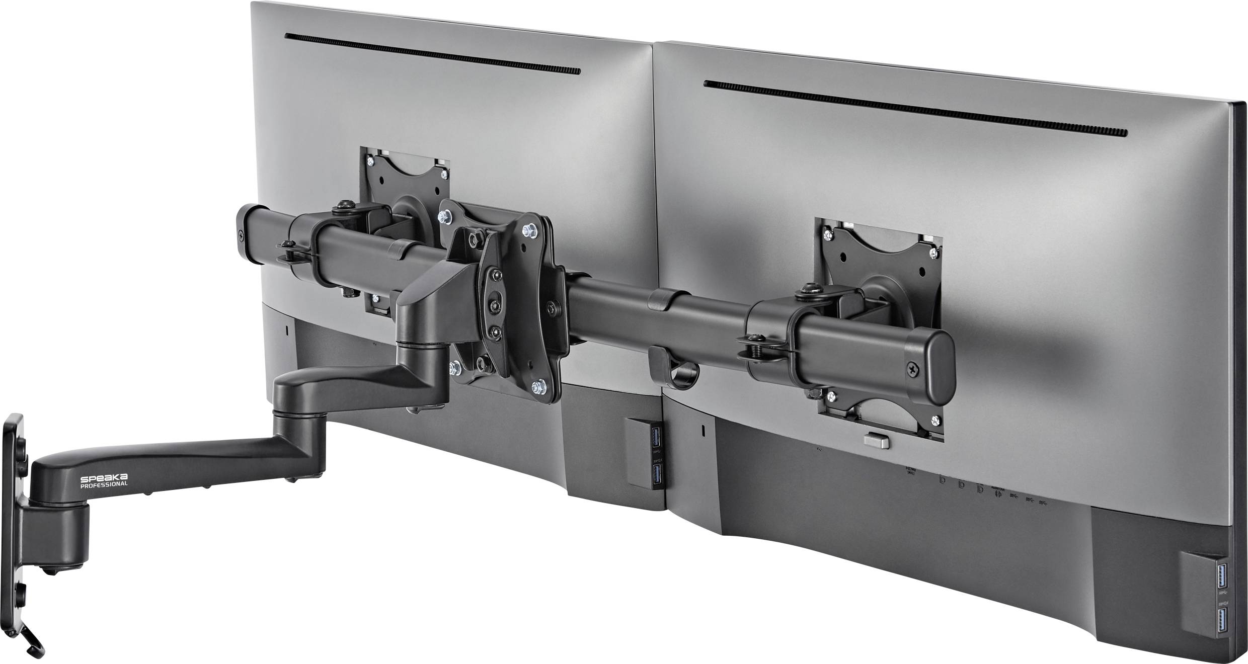 Rückansicht eines Dual-Monitor-Ständers, der zwei Monitore nebeneinander hält. Zeigt die Arme und Halterungen des Ständers.