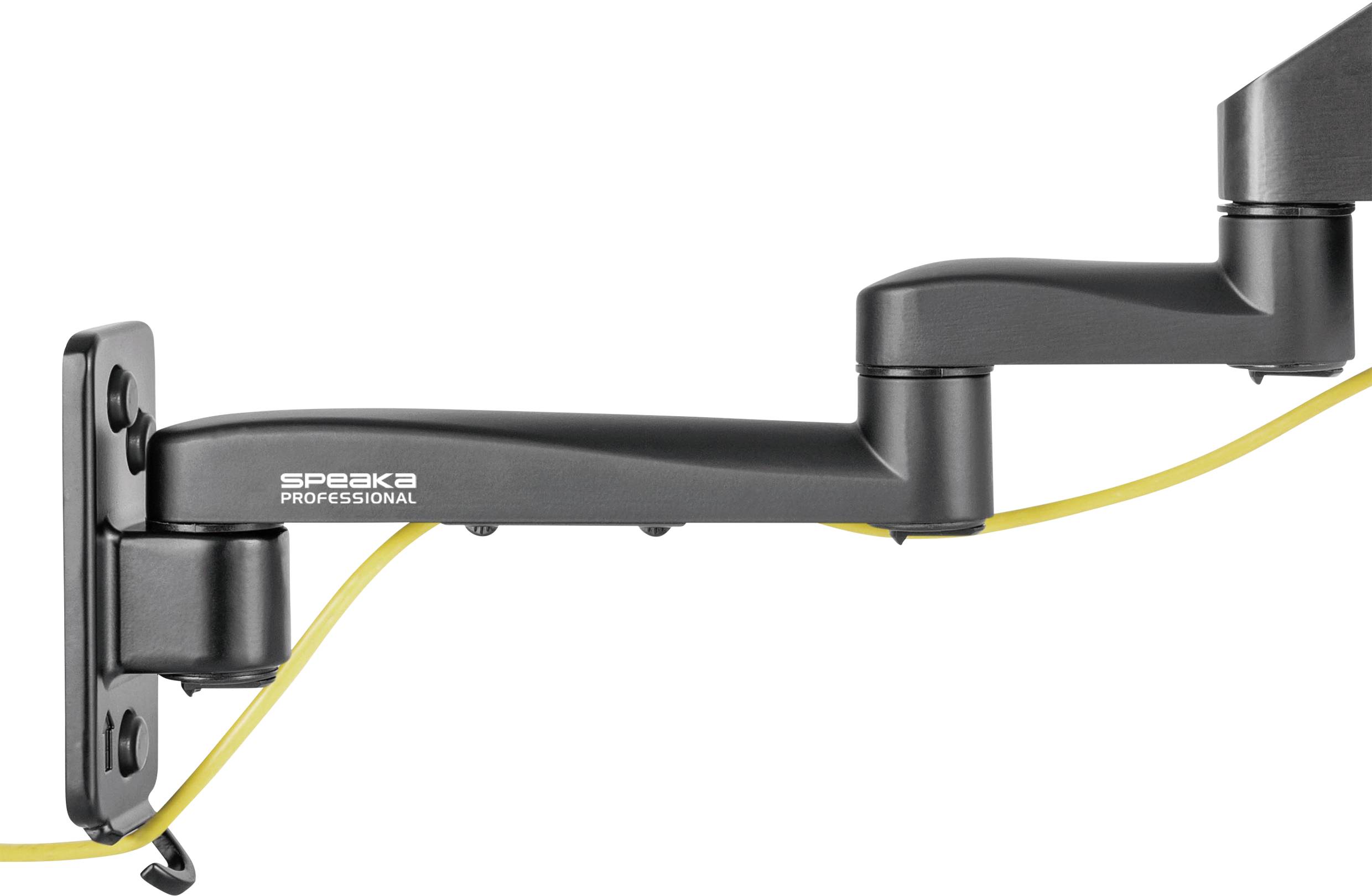 Monitorhalterung aus schwarzem Metall mit Kabelmanagement am Arm. Befestigung an der Wand, geeignet für Büros oder Arbeitsplätze.