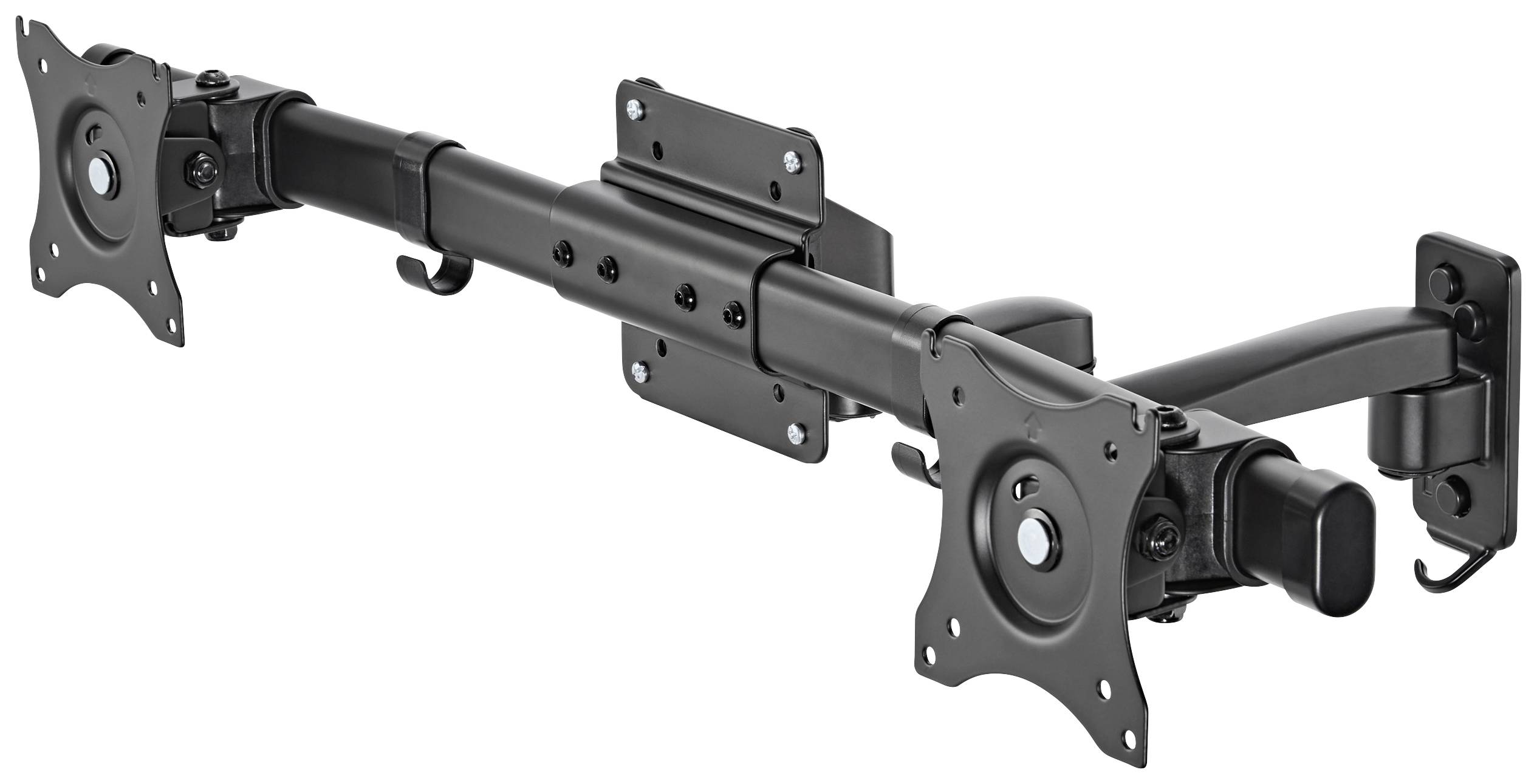 Doppelter Monitorhalter aus schwarzem Metall mit zwei VESA-Montageplatten und verstellbaren Armen für ergonomische Bildschirmpositionierung.