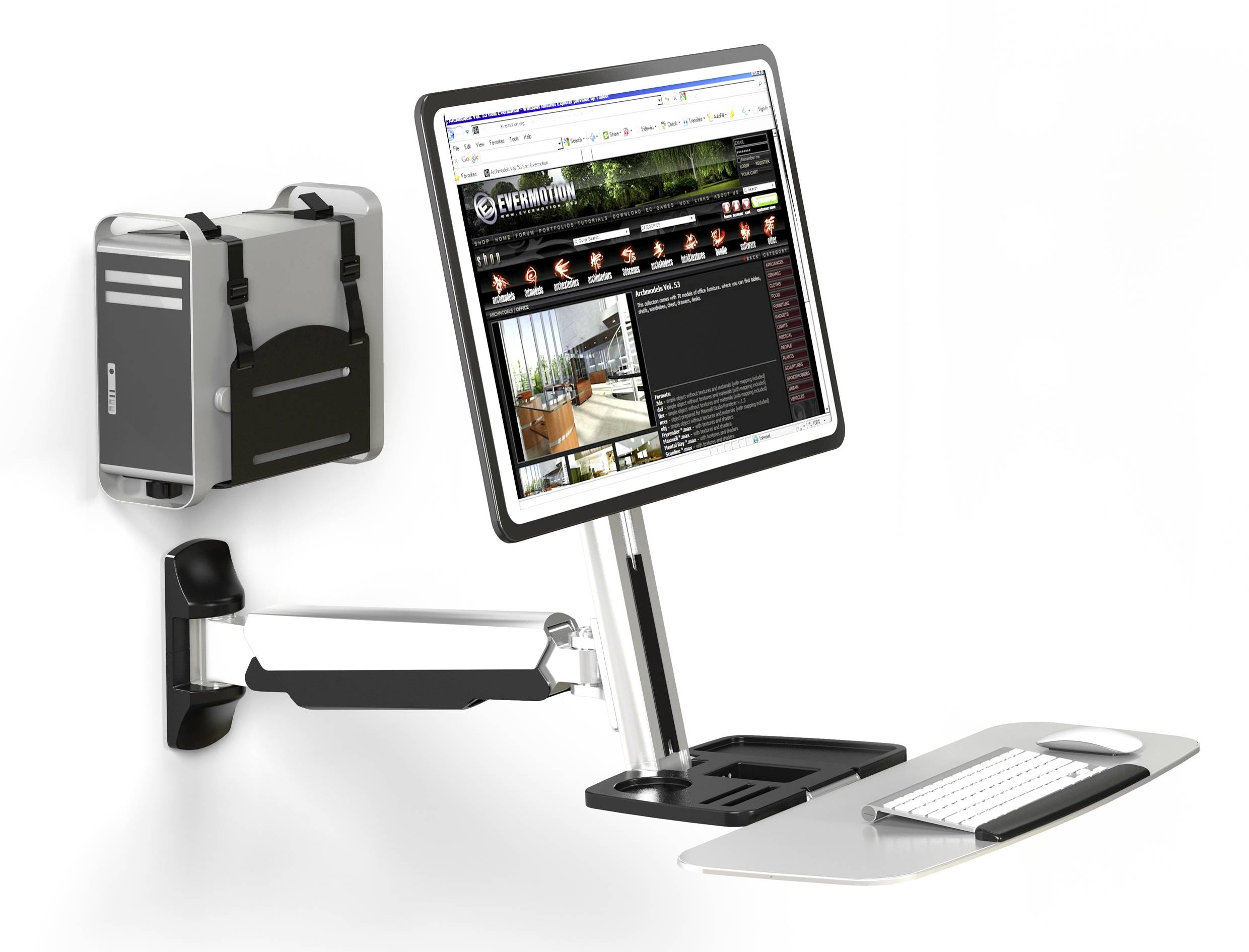 An einem Wandarm montierter Computerbildschirm zeigt eine Webseite, darunter eine Tastaturablage mit Tastatur und Maus, daneben ein an die Wand befestigtes Computergehäuse.