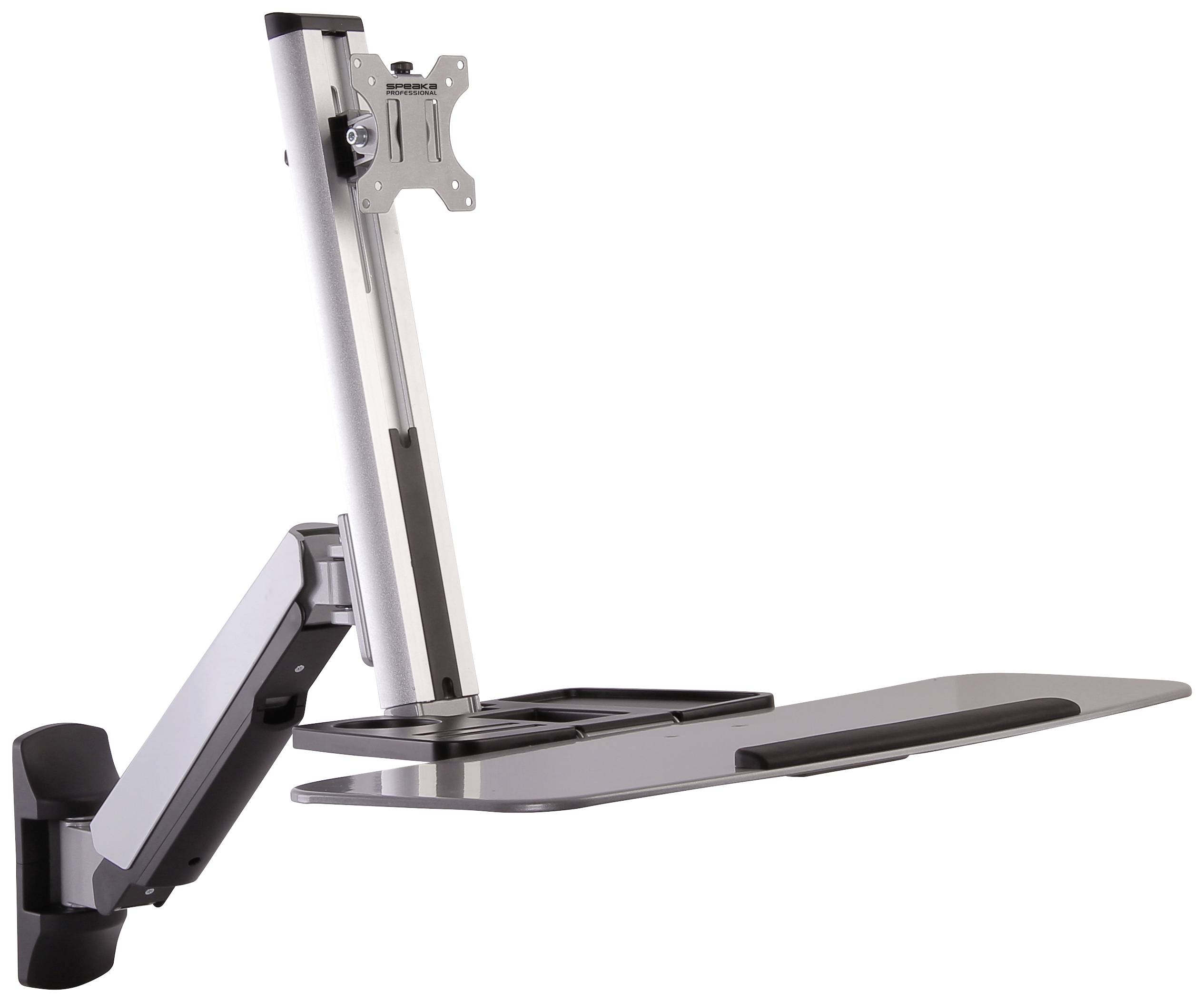 Monitorhalterung mit verstellbarem Arm und Tastaturablage zur Wandbefestigung. Geeignet zur ergonomischen Arbeitsplatzgestaltung.