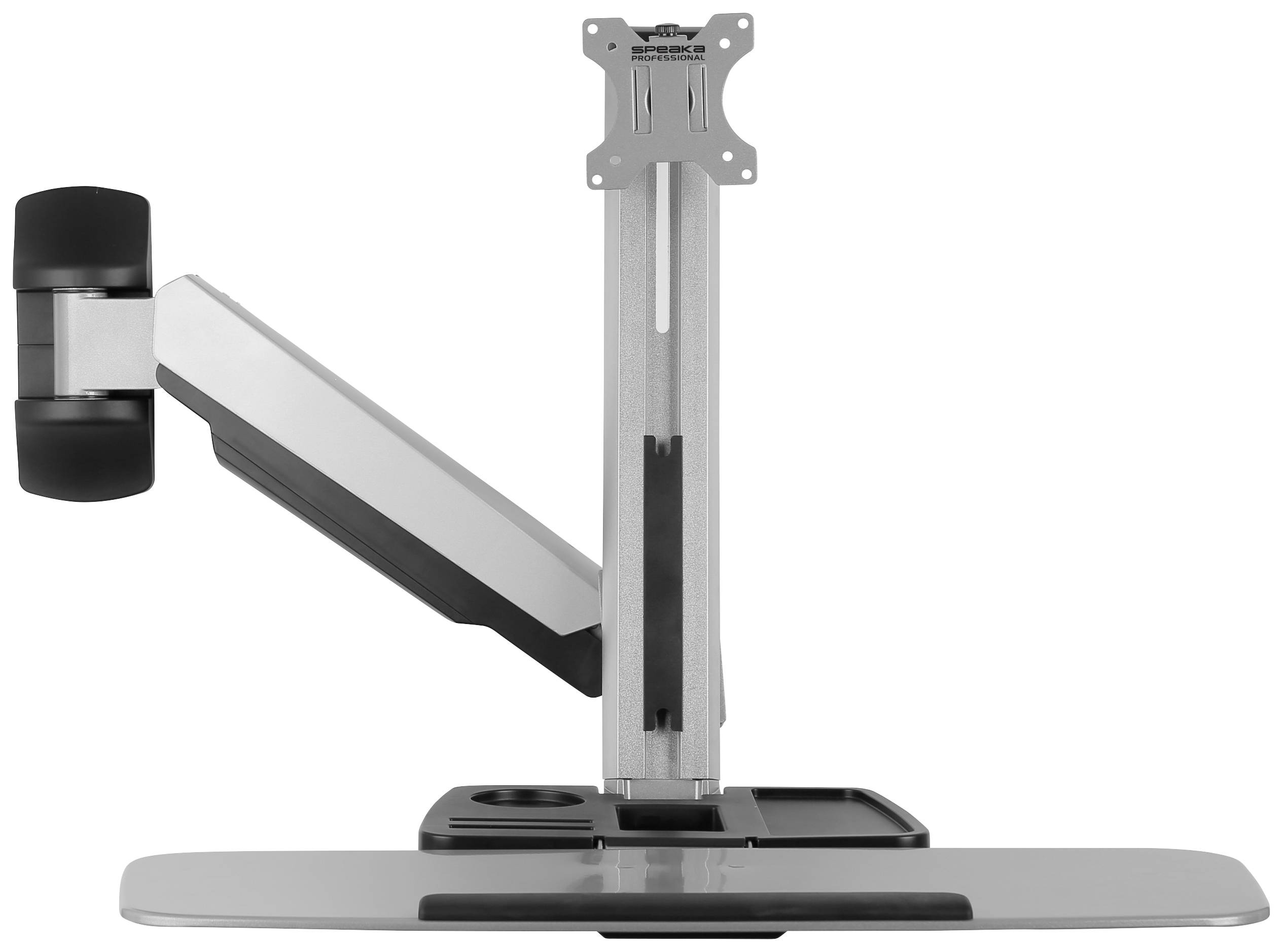 Höhenverstellbarer Monitorarm mit Tischhalterung und drehbarem VESA-Adapter; ermöglicht flexible Bildschirmpositionierung.
