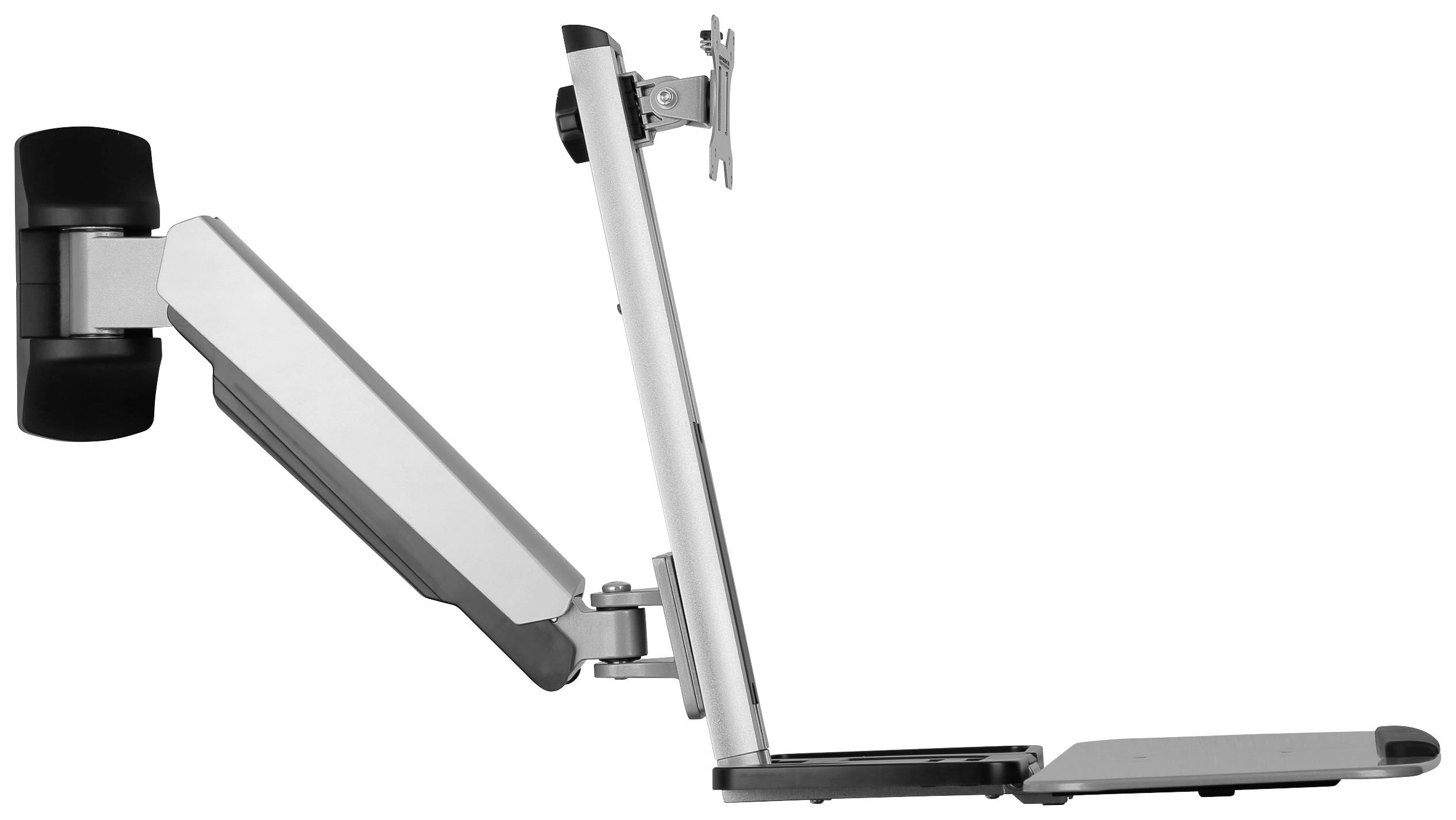 Ein silberner, verstellbarer Monitorarm mit einer Halterung zeigt seine seitliche Ansicht. Er ist als ergonomisches Bürozubehör vorgesehen.