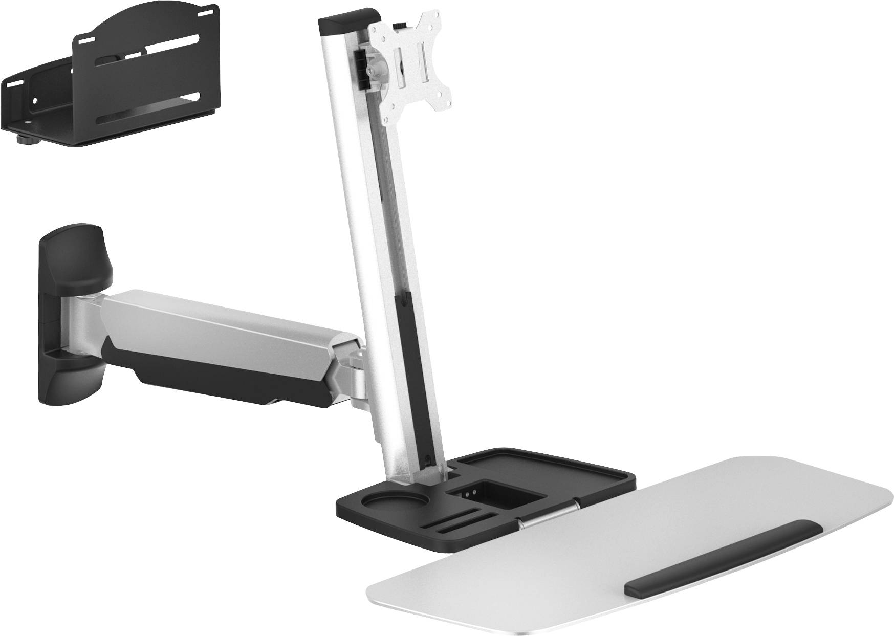 Verstellbarer Wandmonitorarm mit Tastaturablage, ermöglicht flexible Positionierung von Monitor und Tastatur an Wänden.