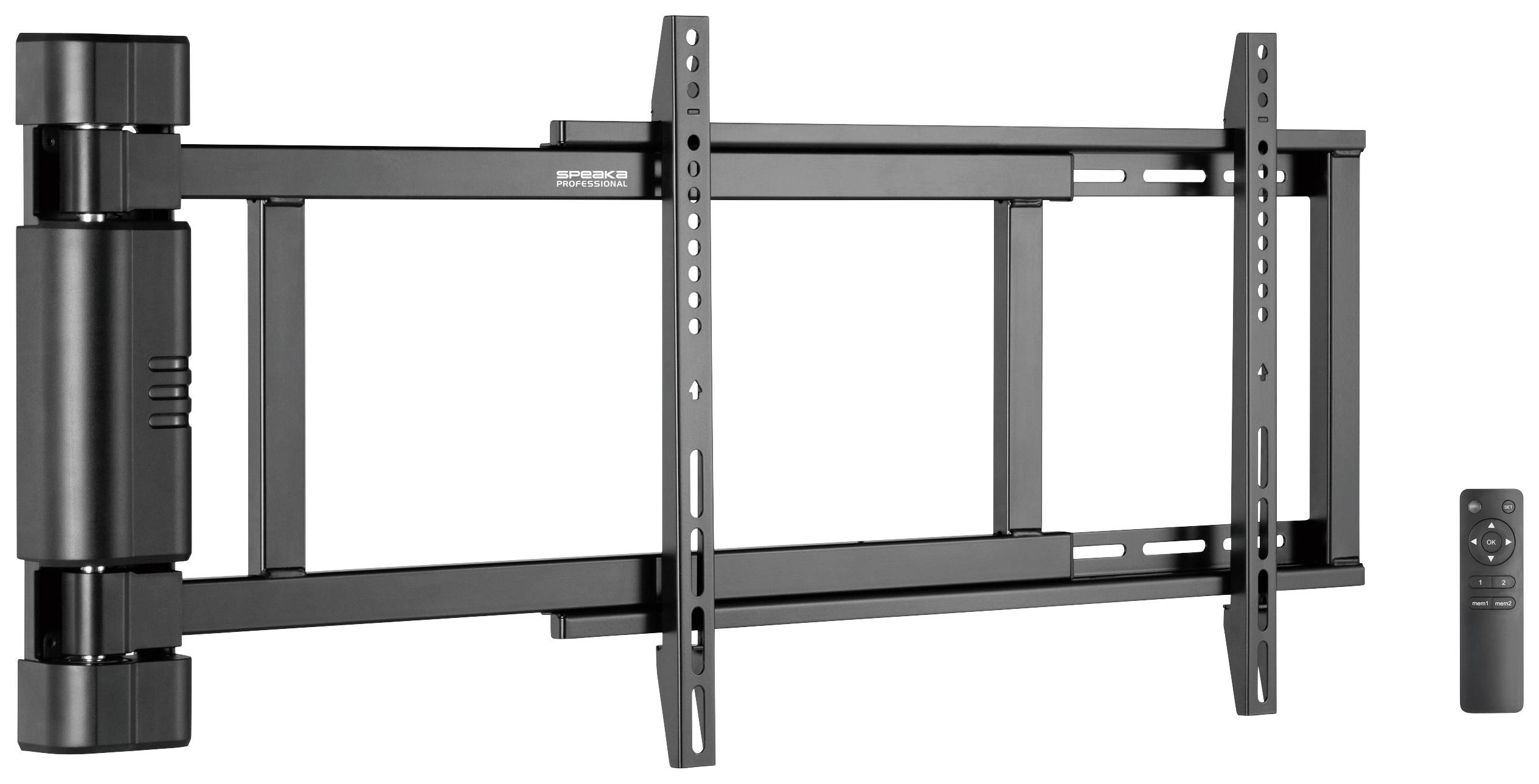 Schwenkbare TV-Halterung mit Fernbedienung, ermöglicht flexible Positionierung des Fernsehers an der Wand.
