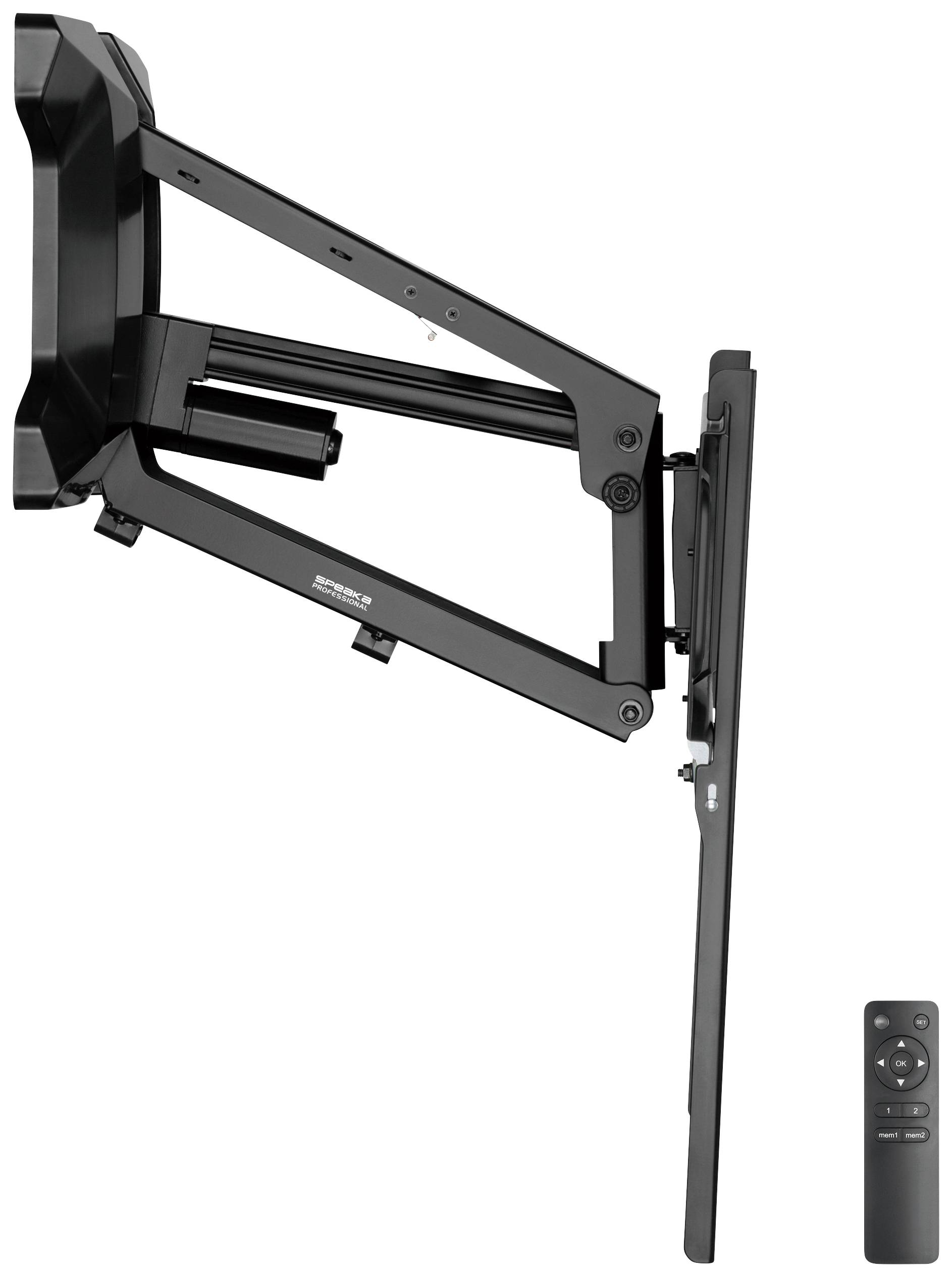 Wandhalterung für einen Bildschirm mit verstellbarem Arm, der eine Neigung und Rotation ermöglicht. Fernbedienung daneben.