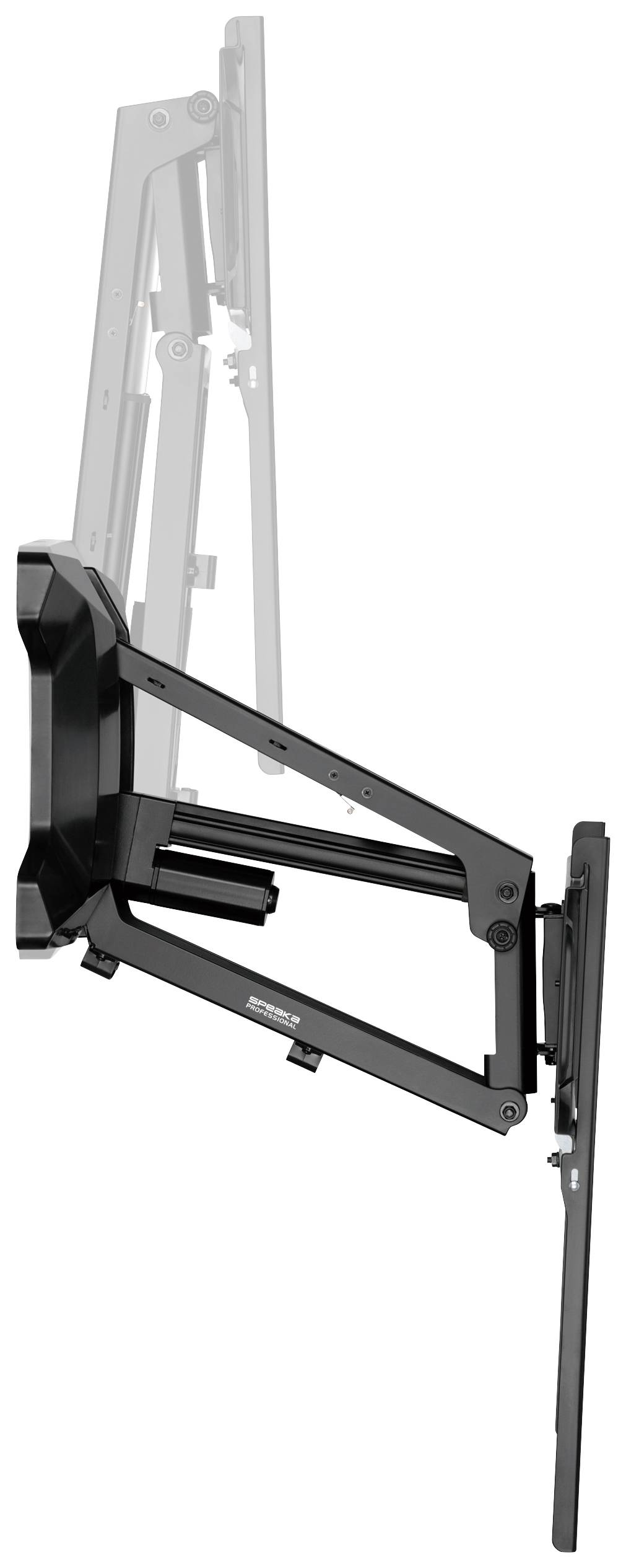 Ein zusammenklappbarer Wandhalterungsarm für Displays in seitlicher Ansicht, zeigt die Funktionalität und Konstruktion des Arms.