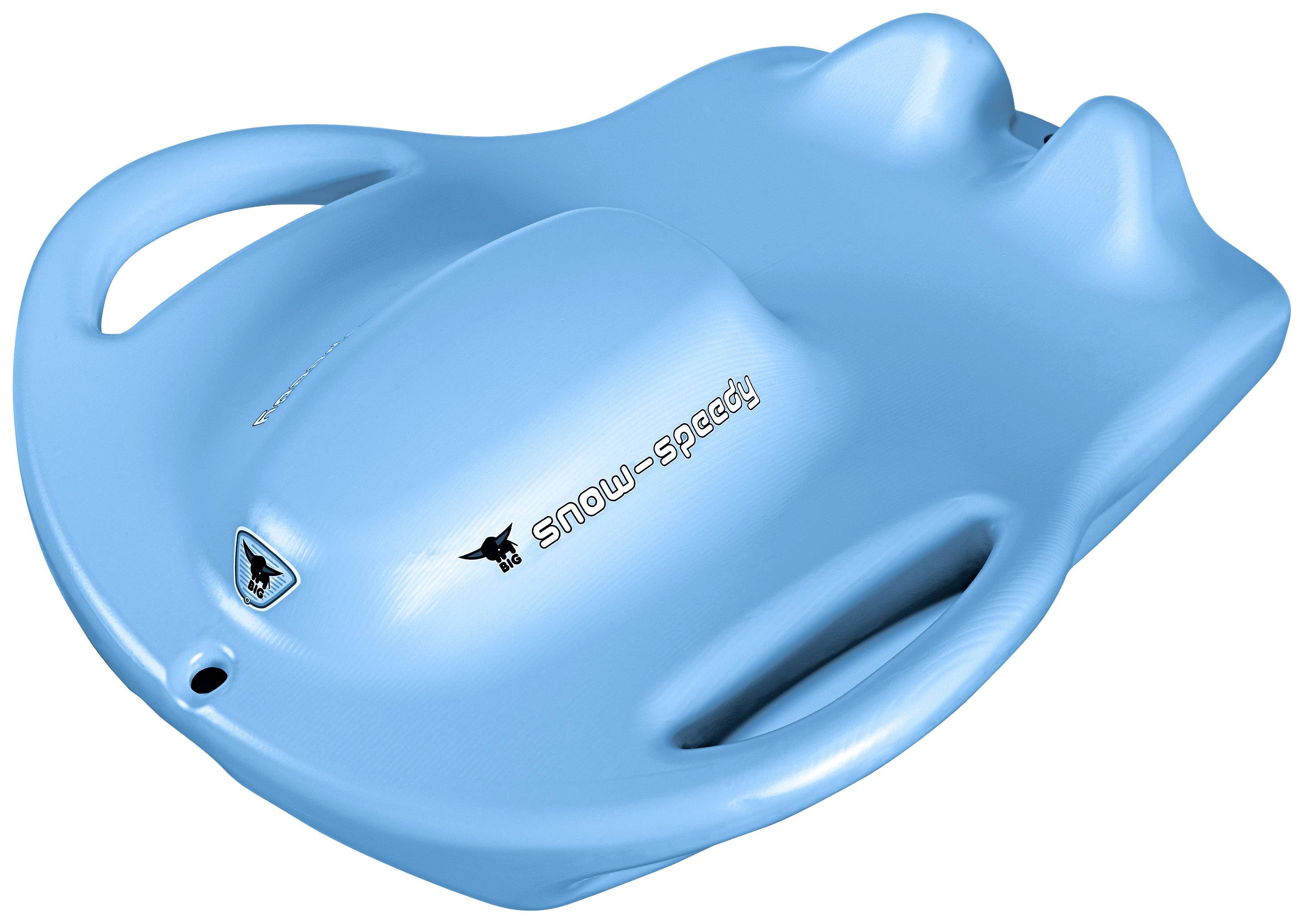Ein blauer Schneerutscher mit zwei Griffen, geeignet für Kinder, mit der Aufschrift 'Snow-Speedy' an der Seite, vor weißem Hintergrund.