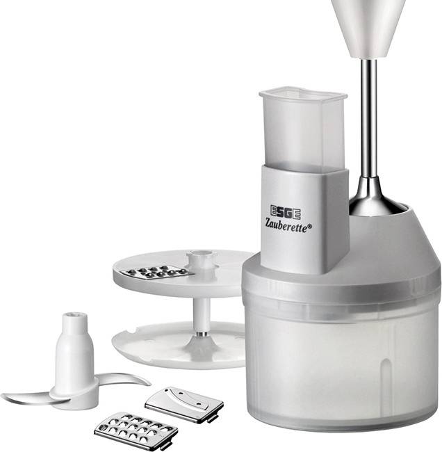 Elektrischer Stabmixer mit Zubehör: Schüssel, verschiedene Aufsätze zum Pürieren, Zerkleinern und Raspeln. Ideal für die Küchenarbeit.
