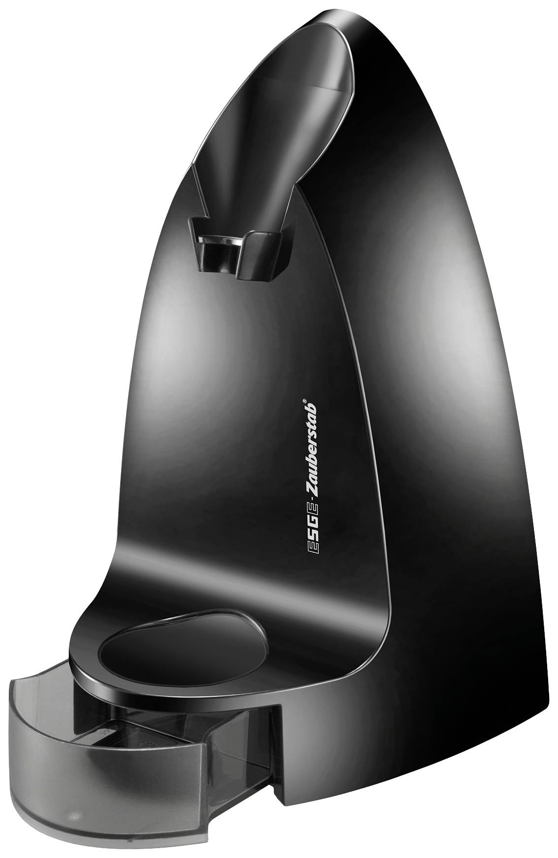 Schwarze, moderne Kaffeemaschinenhalterung mit integriertem Auffangbehälter unten. Elegantes Design für den Küchenbereich.