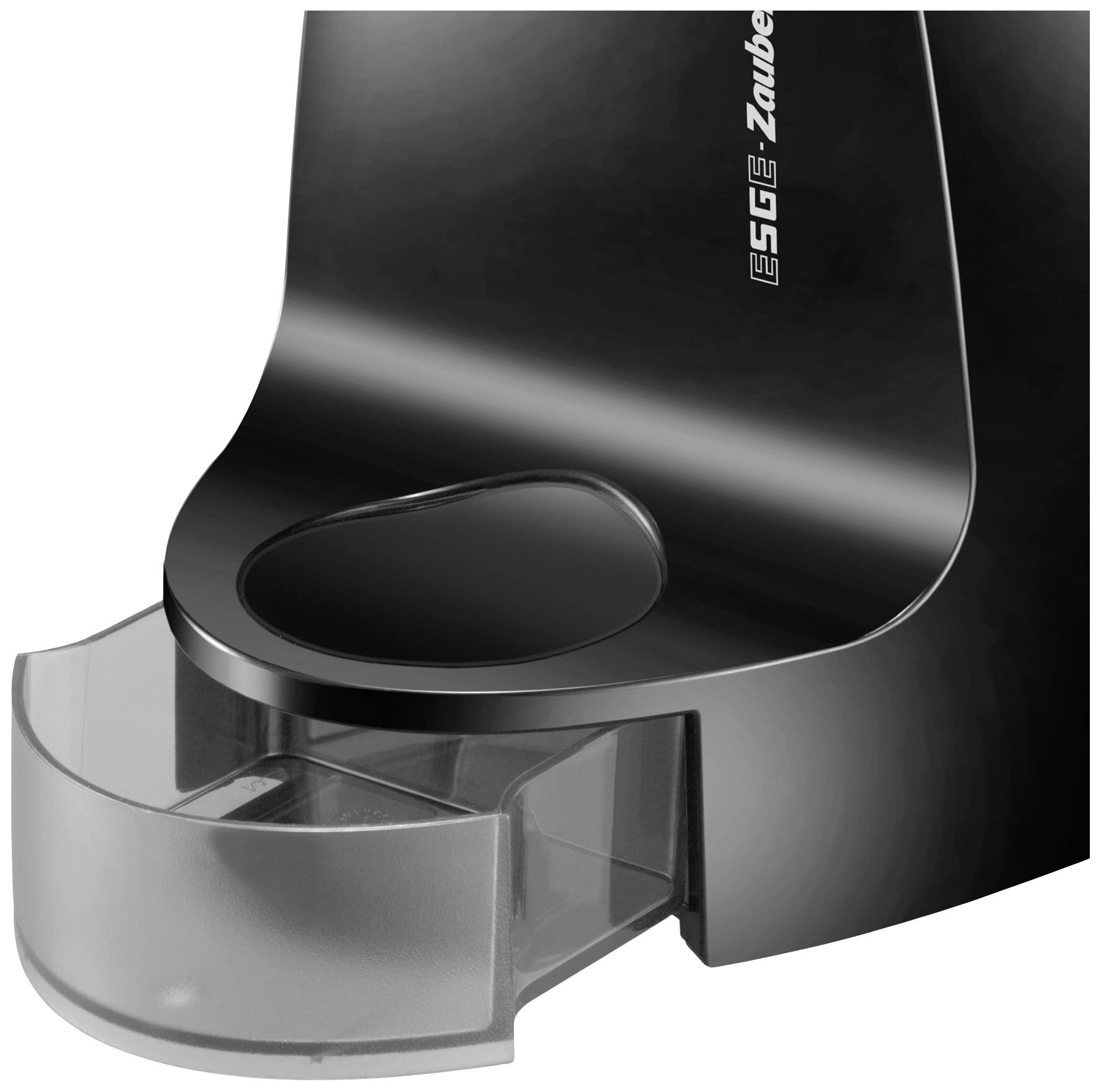 Schwarze Küchenmaschine mit abgerundetem Design und einem transparenten Behälter. Markenname 'ESGE-Zauberstab' auf der Seite.