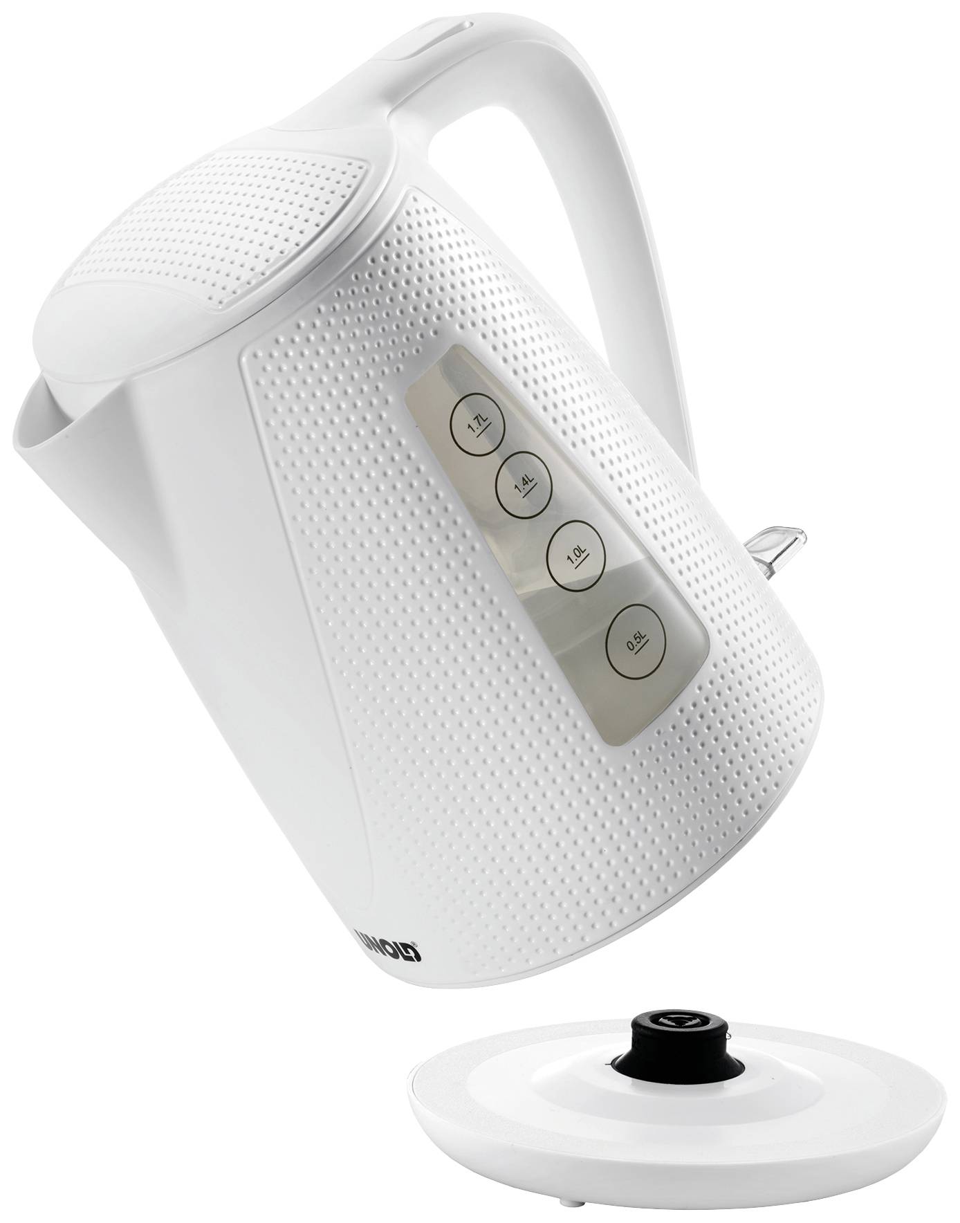 Ein weißer Wasserkocher mit strukturiertem Griff und Knöpfen zur Temperatureinstellung, abgebildet neben seiner runden Basis.