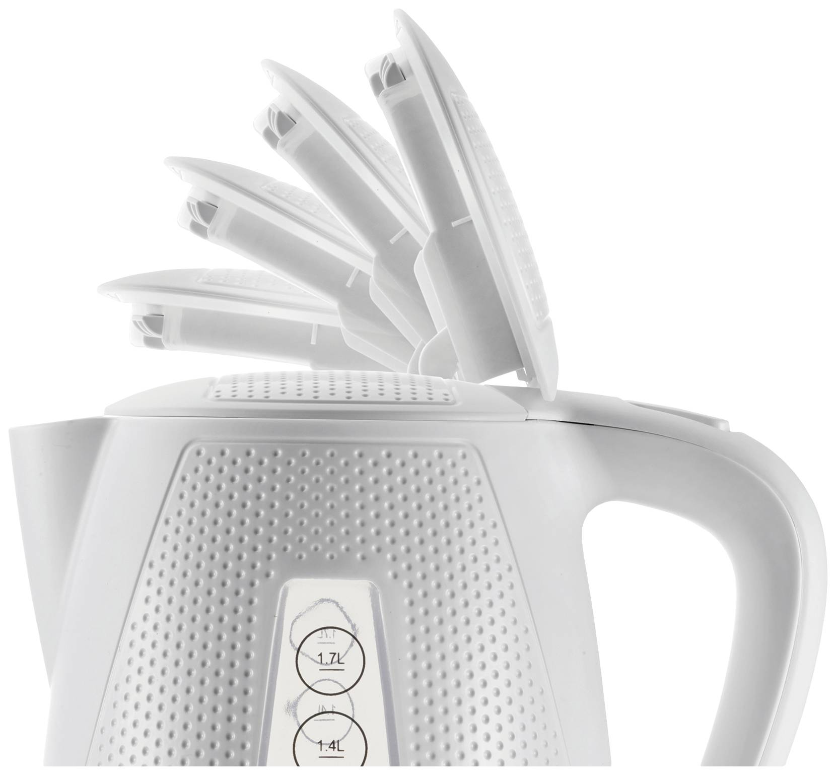 Elektrischer Wasserkocher mit abgestuftem, aufklappbarem Deckel. Kapazitätsskala auf der Seite zeigt 1,7L und 1,4L Markierungen.