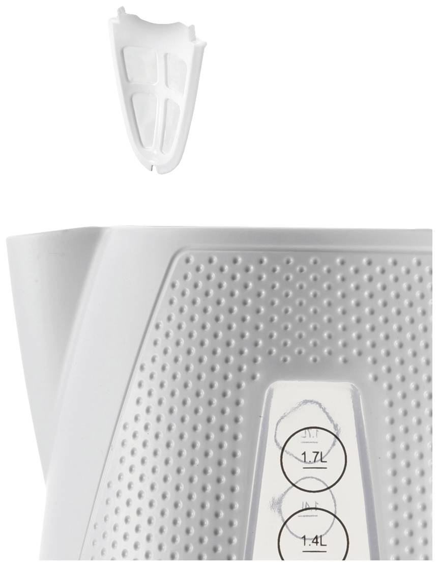Ein Bild eines weißen Wasserkochers mit einem abnehmbaren Kalkfilter. Der Wasserkocher hat Markierungen für 1,7 l und 1,4 l Wasserstände.