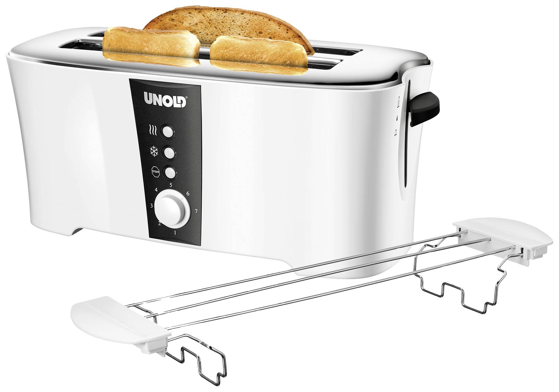 Ein weißer Toaster mit zwei Scheiben Brot im oberen Schlitz. Vor dem Toaster ist ein abnehmbarer, metallener Brötchenaufsatz.