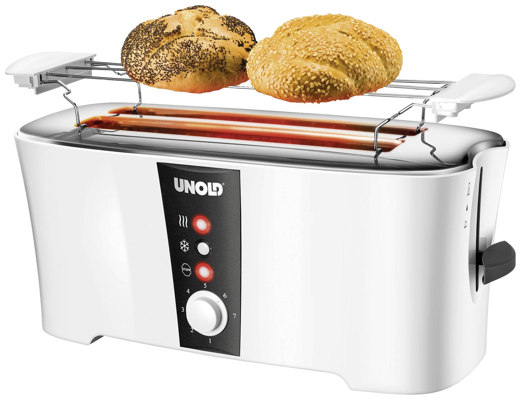Ein weißer Toaster von Unold mit einem Brötchenaufsatz, auf dem zwei Brötchen liegen. Der Toaster hat Bedienelemente auf der Vorderseite.