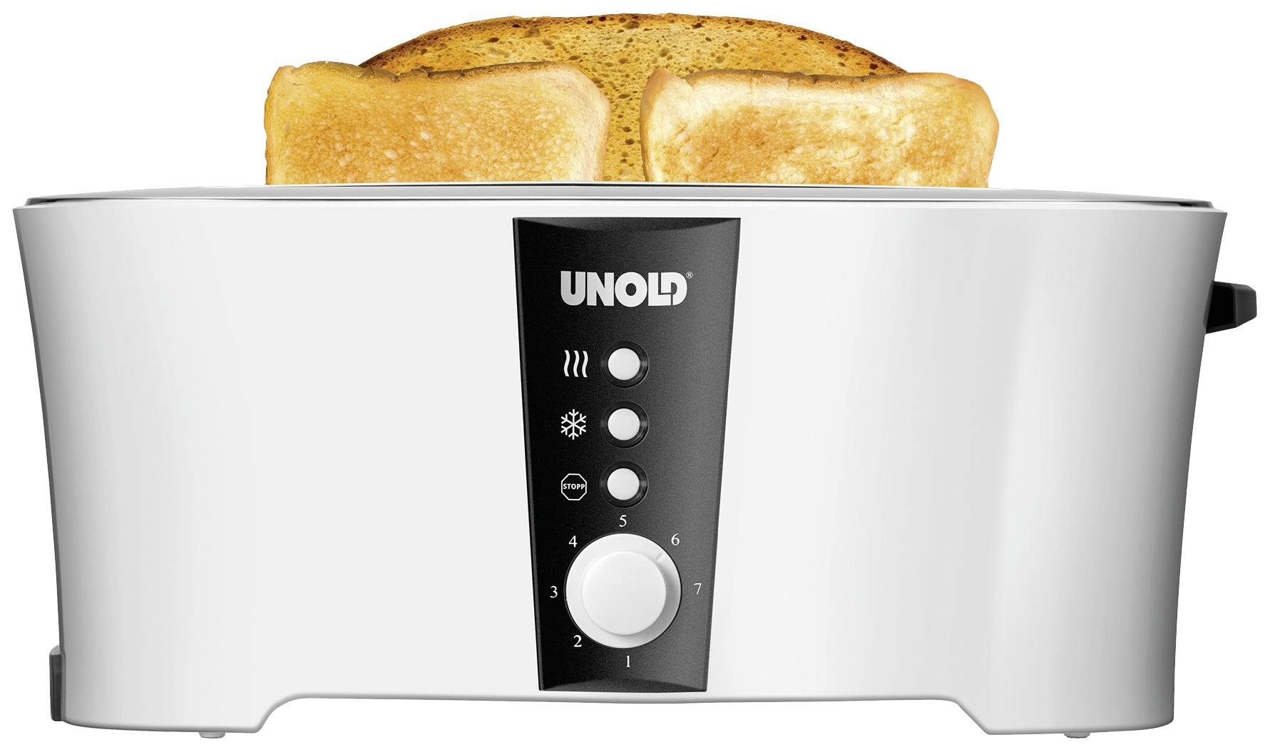Ein silberner Toaster mit zwei goldbraun getoasteten Brotscheiben, schwarzes Bedienfeld mit sechs Röststufenknopf und Symbolen.