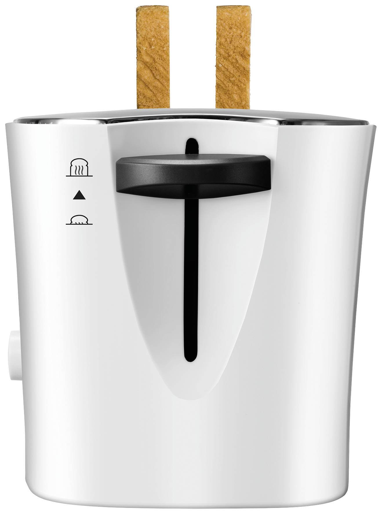 Ein weißer Toaster mit zwei gebräunten Toastscheiben oben, Bedienelementen für Bräunungsgrad an der Seite.