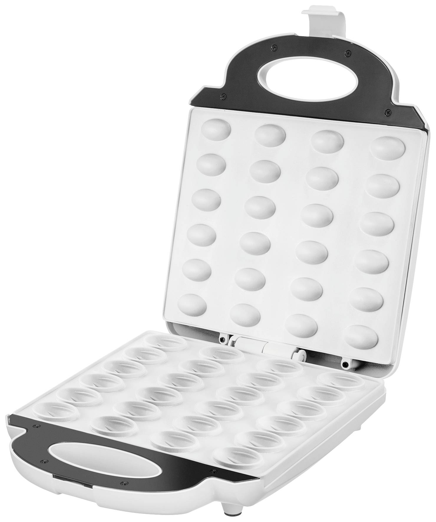 Ein geöffneter Cake-Pop-Maker mit zwei Platten, jede mit je zwölf runden Mulden zur Zubereitung von Kugelformen.