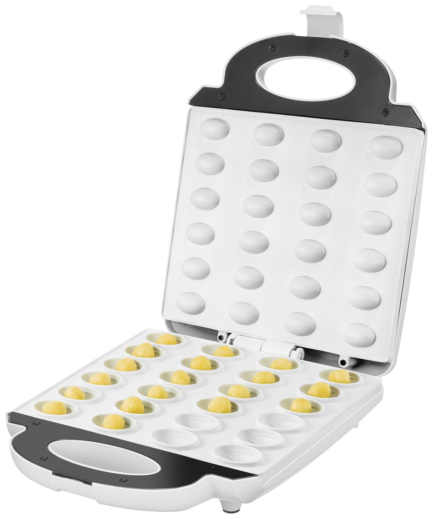 Ein weißes Küchengerät zur Zubereitung von 24 kleinen Backwaren mit geöffneter Backfläche, gefüllt mit rohem Teig.