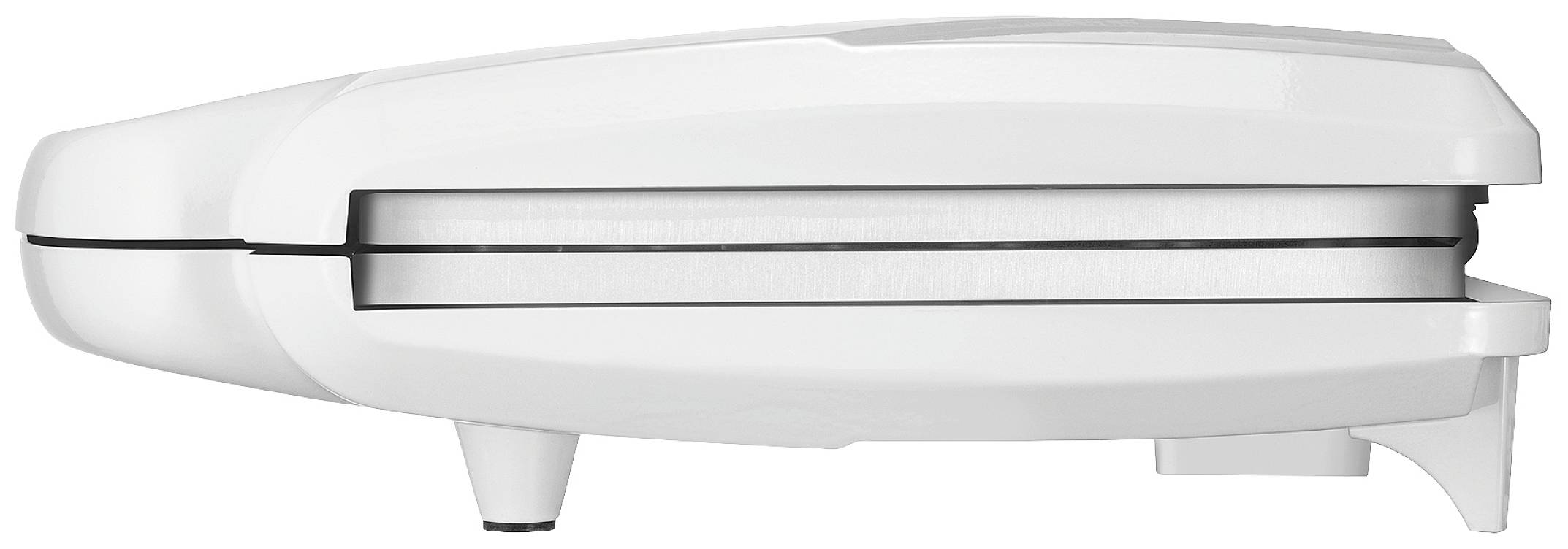 Ein geschlossenes, weißes Sandwichmaker-Gerät, seitlich gesehen, zeigt das kompakte Design mit Füßen für Stabilität.