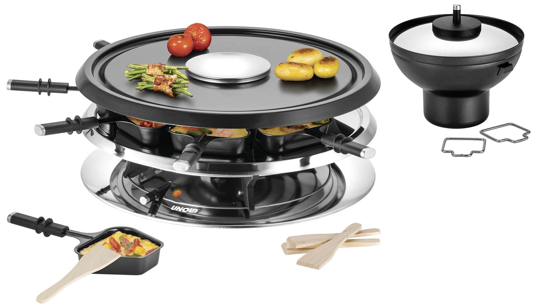 Unold Raclette 8 Fonduegabeln, 8 Pfännchen, Antihaftbeschichtung, stufenloser Temperaturregler Edel
