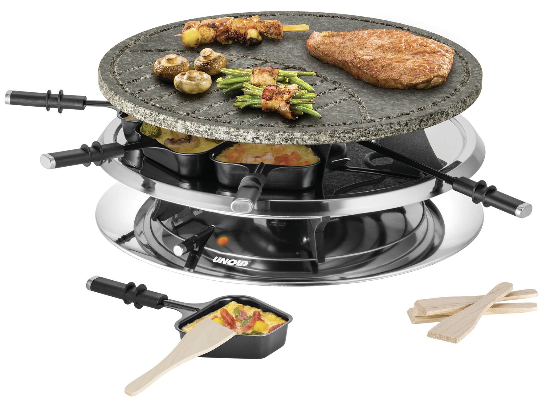 Unold Raclette 8 Fonduegabeln, 8 Pfännchen, Antihaftbeschichtung, stufenloser Temperaturregler Edel