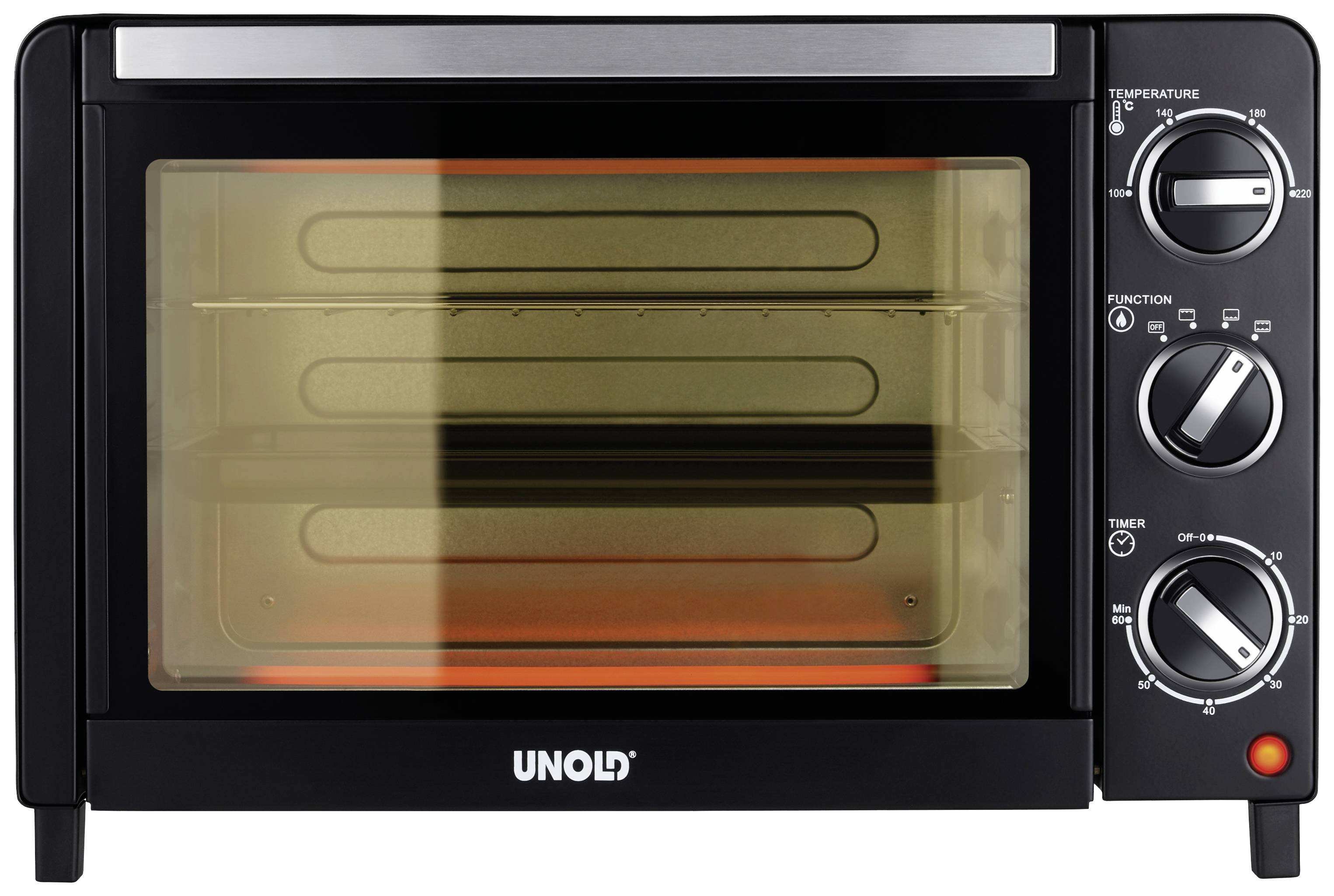 Ein schwarzer Mini-Backofen mit Glasfront zeigt zwei Regler an der rechten Seite zur Temperatureinstellung, Funktion und Timer.