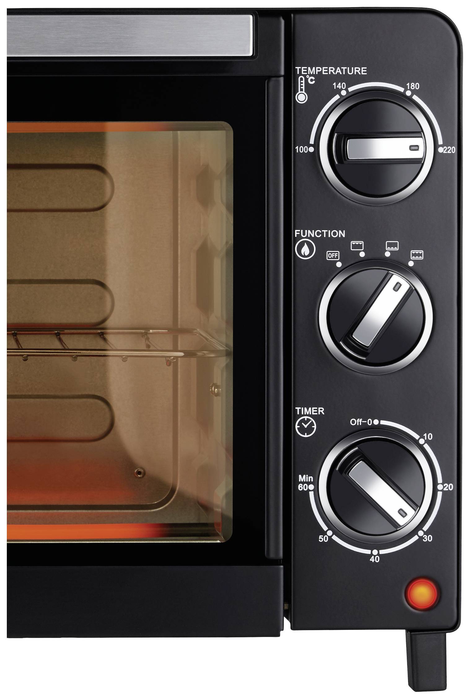 Die Steuerkonsole eines Ofens zeigt drei Drehknöpfe für Temperatur, Funktion und Timer. Temperatur von 100° bis 230°C einstellbar.