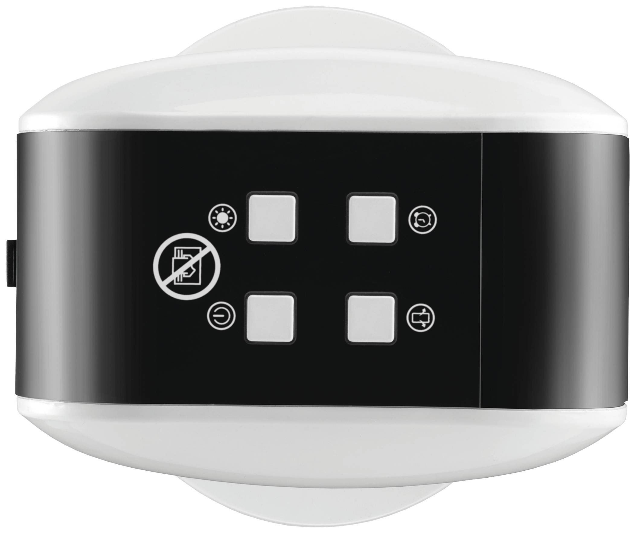 Ein schwarz-weißes Gerät mit vier Tasten und einem Symbol, das das Einführen von Karten verbietet.