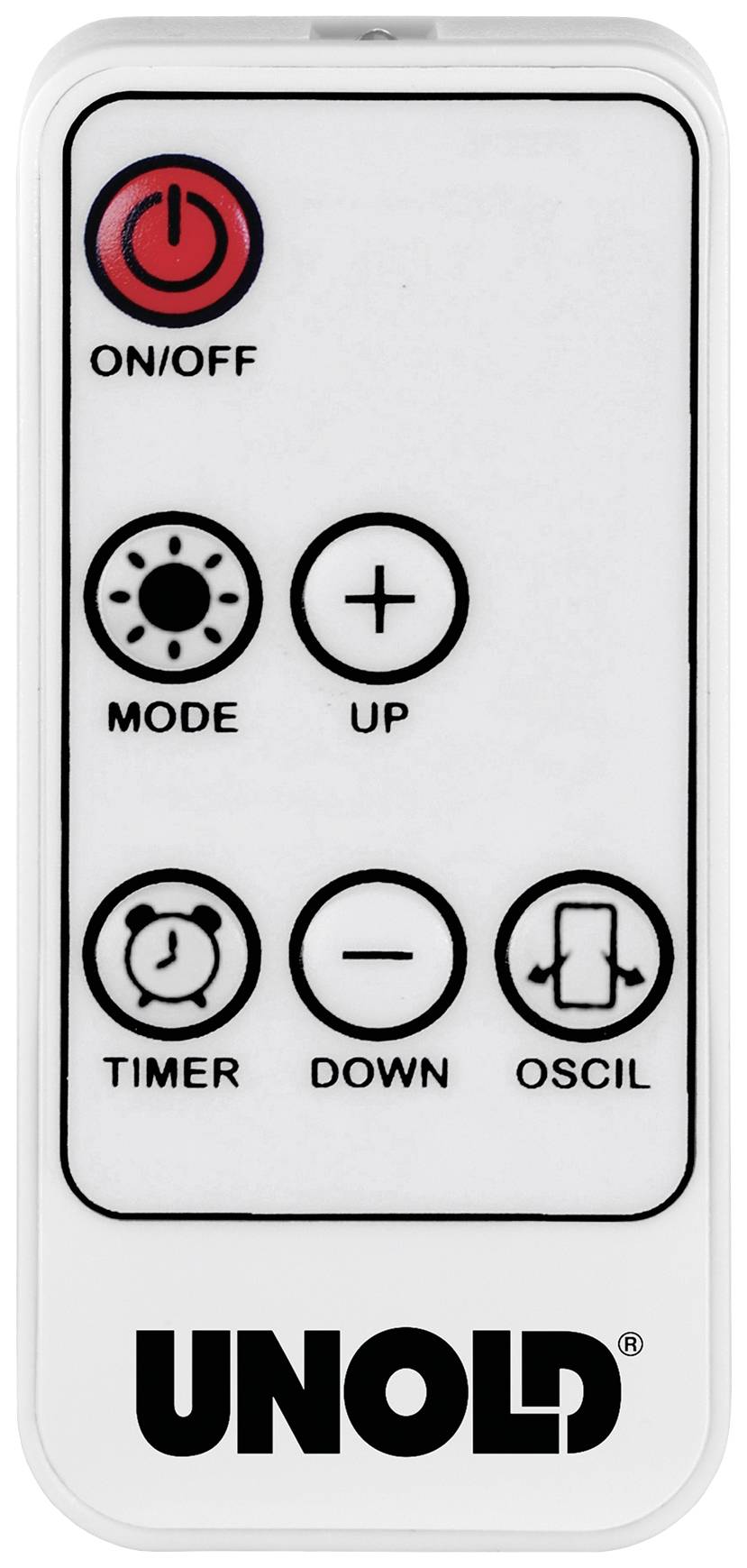 Kompakte Fernbedienung für Ventilator mit fünf Tasten: Ein/Aus, Modus, Timer, Auf, Ab, und Oszillationssteuerung.
