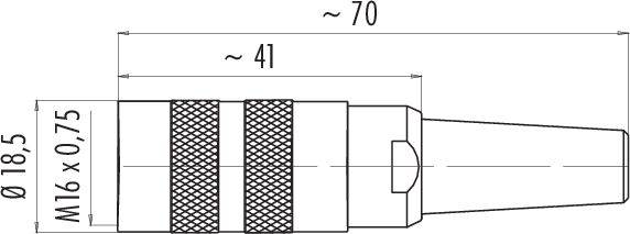 Technische Zeichnung eines Steckers mit Maßen: Gesamtgröße ca. 70 mm, Breite 18,5 mm, Gewinde M16 x 0,75, Länge ca. 41 mm.