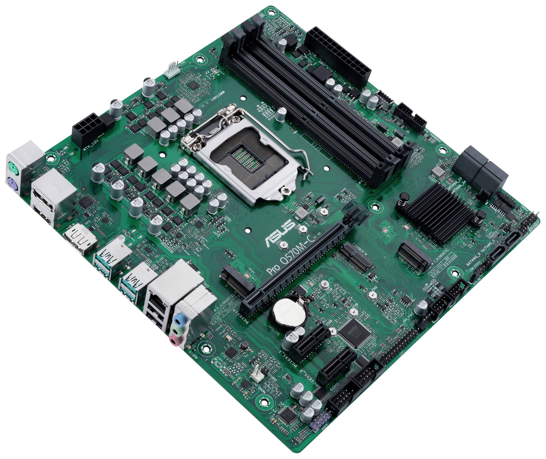 Grüne Leiterplatte eines Motherboards mit verschiedenen Anschlüssen, Chips und Steckplätzen für Prozessor und RAM-Module.