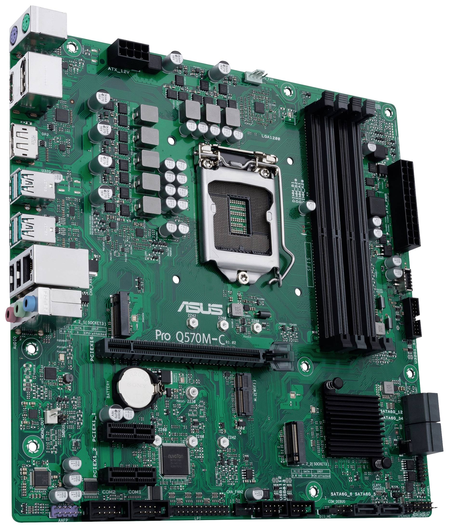 Eine grüne Computer-Motherboard-Platine mit Steckplätzen für RAM, einem CPU-Sockel und mehreren Anschlüssen für Peripheriegeräte.
