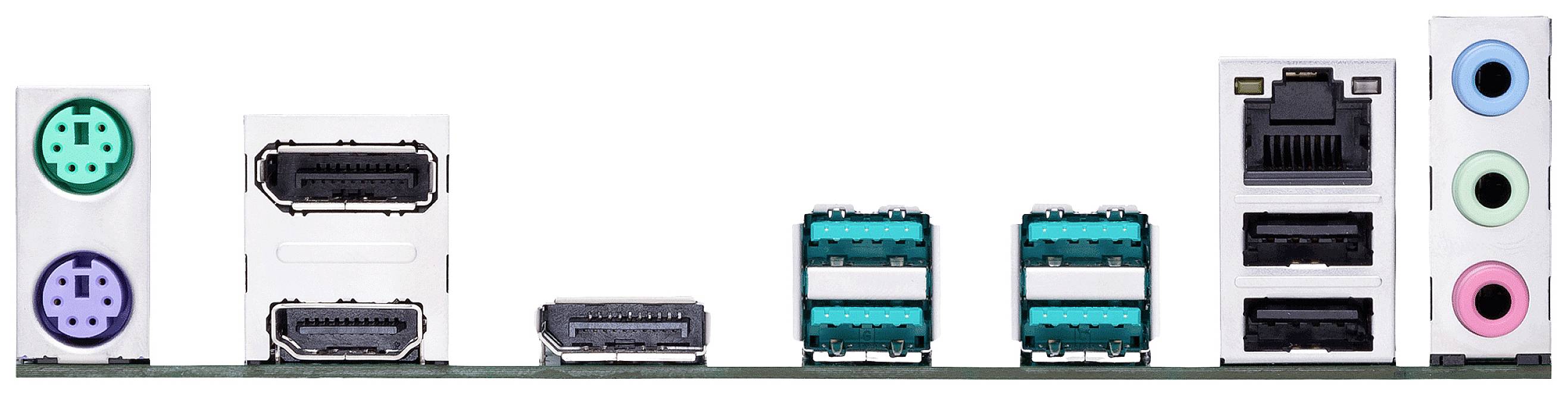 Rückseite eines Motherboards mit verschiedenen Anschlüssen: PS/2, HDMI, DisplayPort, USB, Ethernet und Audio.