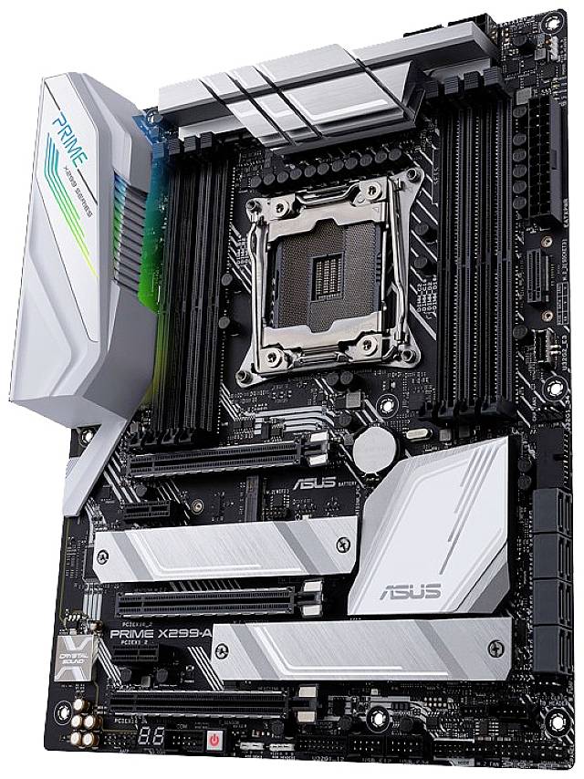Mainboard Asus Prime X299-A mit Sockel für Intel-Prozessoren, mehreren RAM-Slots und Kühlern, ideal für Hochleistungs-PCs.