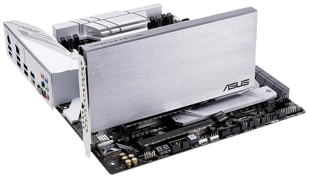 Computermainboard mit integrierter ASUS Thunderbolt- und Netzwerkkarte in silbernem Gehäuse. Zeigt Ports, Steckplätze und Kühlkörper.