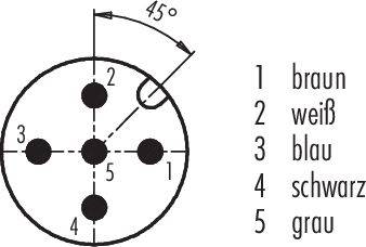 Schaltplan eines 5-poligen Steckers: 45-Grad-Winkel kennzeichnet die Position. Nummerierung und Farben der Pole: 1 braun, 2 weiß, 3 blau, 4 schwarz, 5 grau.